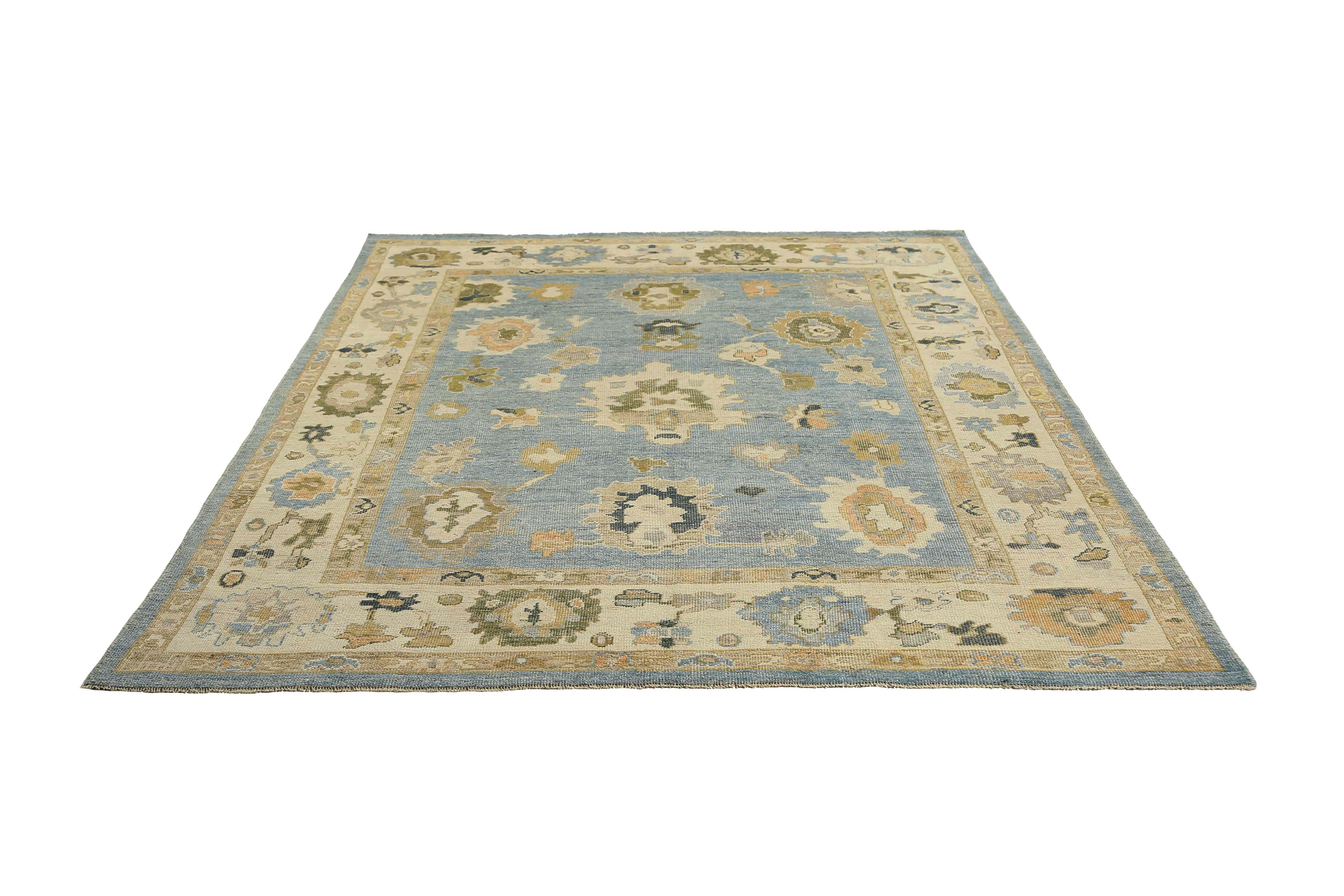 Light Blue Turkish Oushak Rug with Florals In New Condition For Sale In Dallas, TX