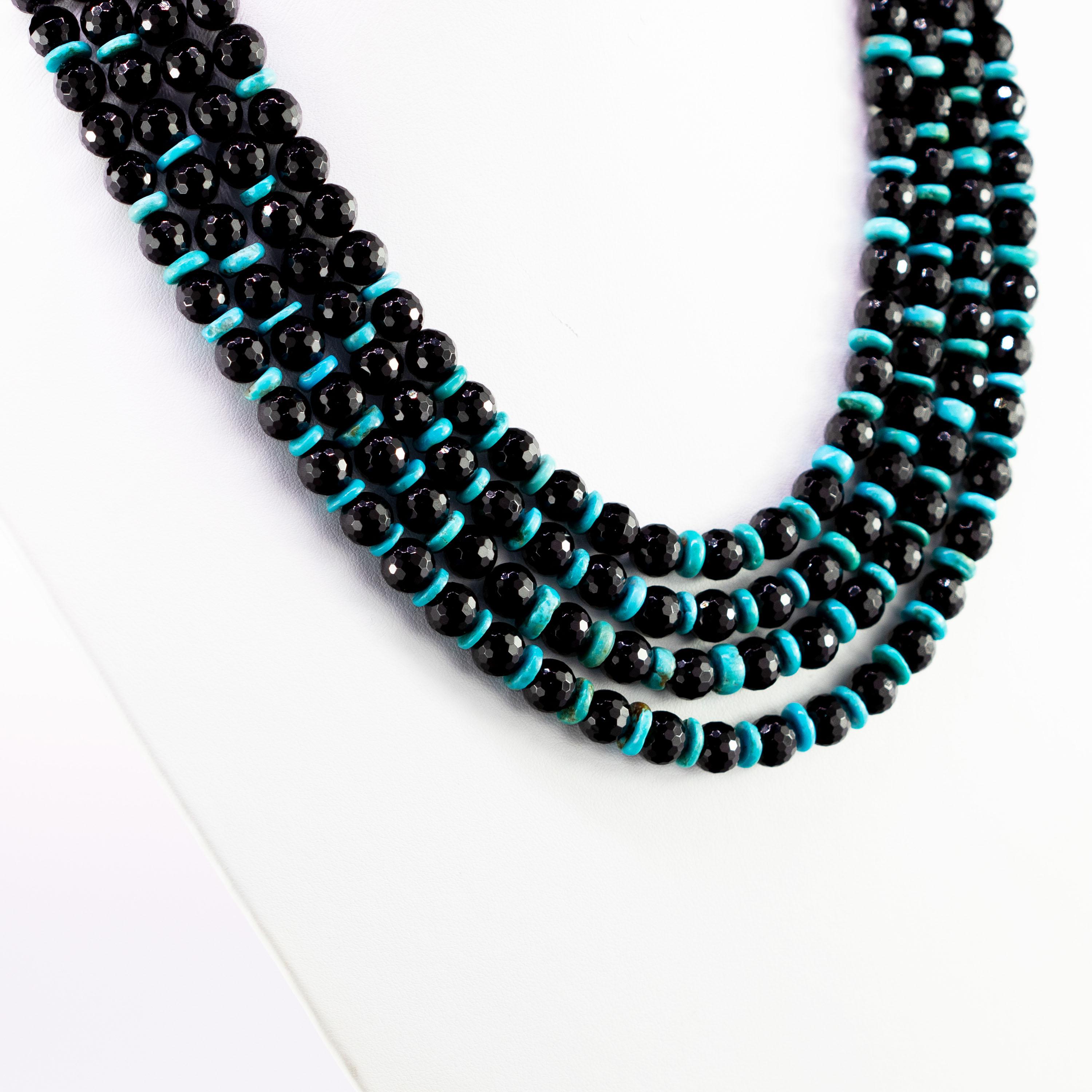 Art Nouveau Light Blue Turquoise Black Agate Multi Strand 925 Silver Beads Vintage Necklace