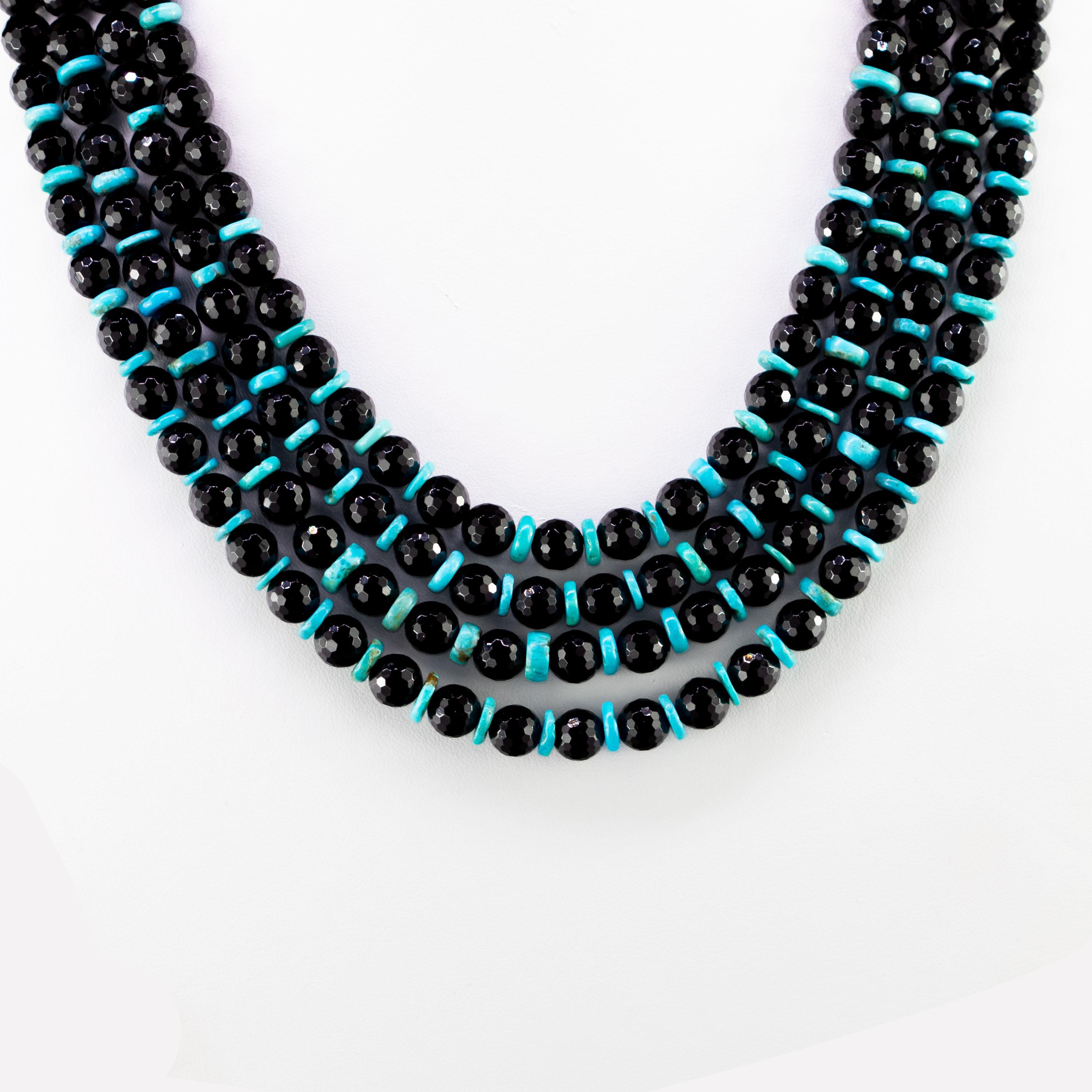 Light Blue Turquoise Black Agate Multi Strand 925 Silver Beads Vintage Necklace In New Condition In Milano, IT