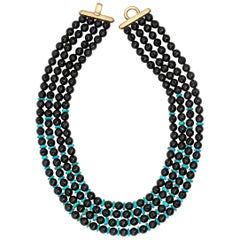 Light Blue Turquoise Black Agate Multi Strand 925 Silver Beads Vintage Necklace