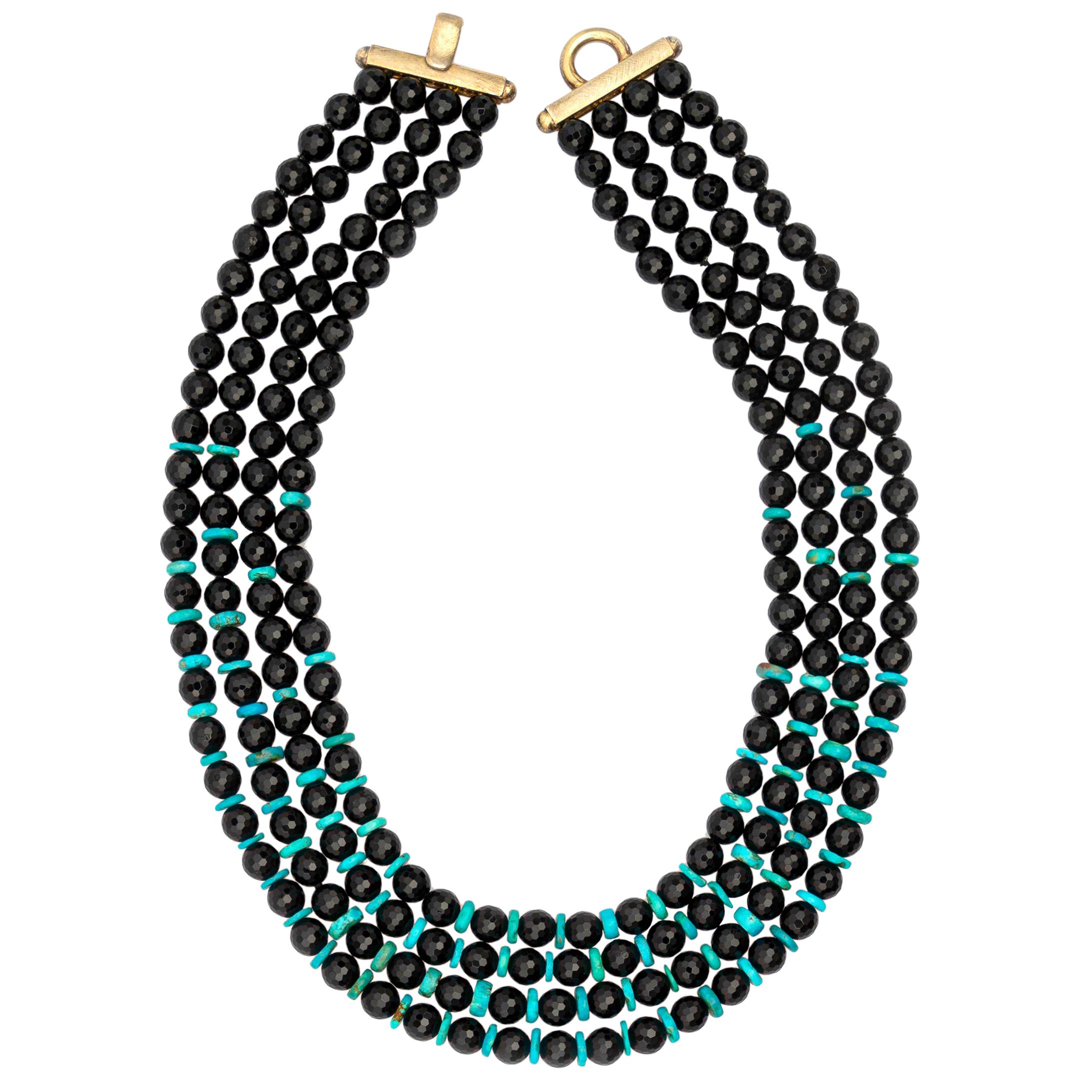 Light Blue Turquoise Black Agate Multi Strand 925 Silver Beads Vintage Necklace For Sale