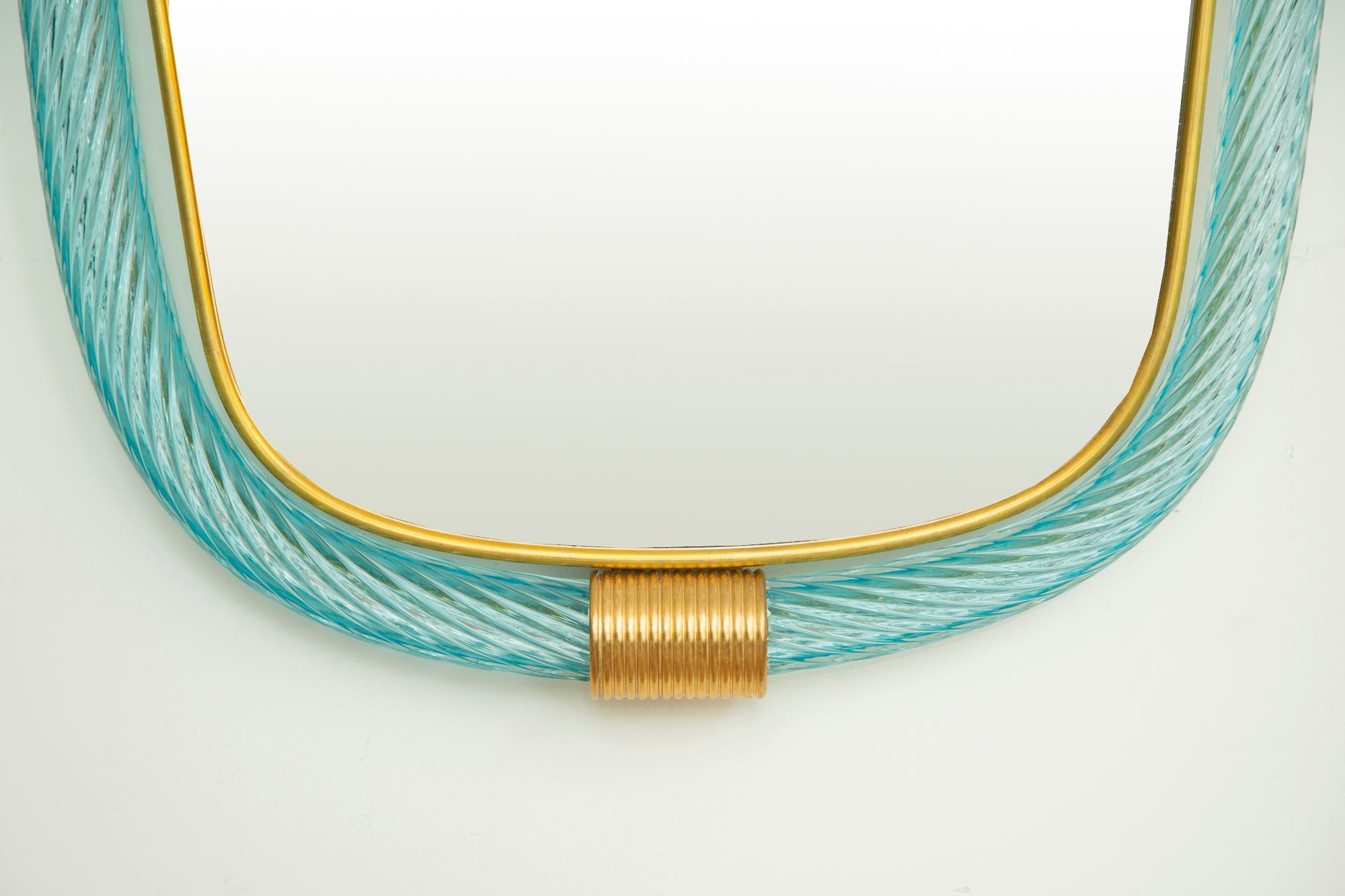 Mid-Century Modern Light Blue Twisted Rope Murano Glass Mirror, in Stock