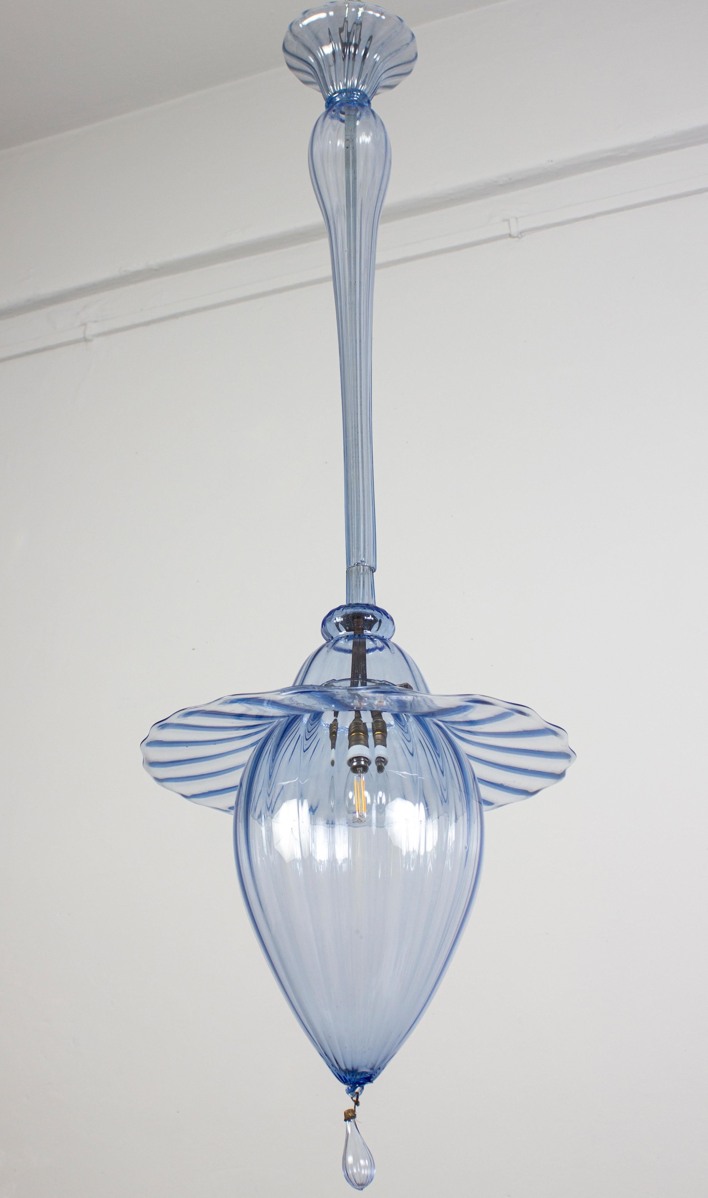 Mid-Century Modern Light  Blue Venini  Murano Lantern, 1940s For Sale