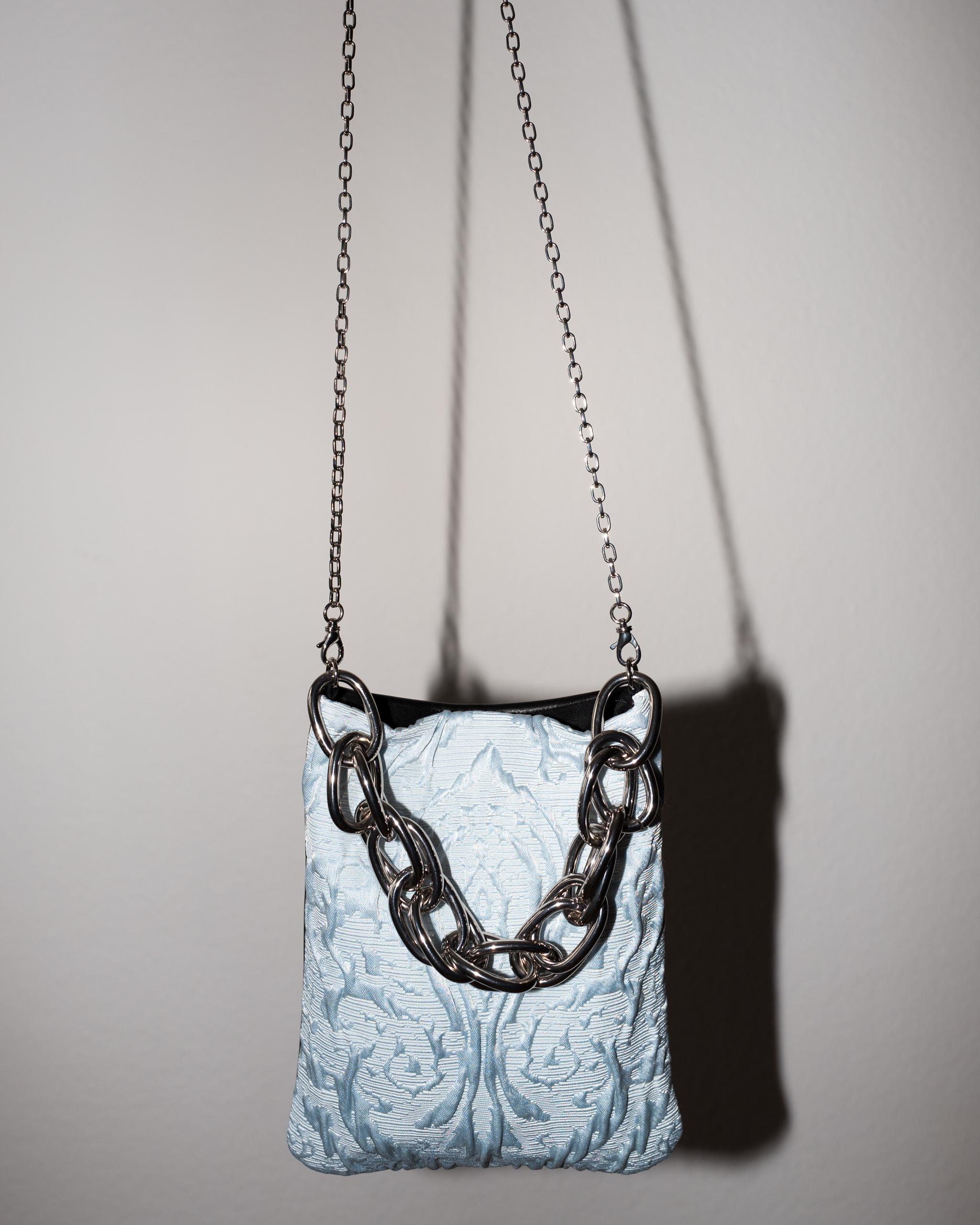 Light Blue Floral Vintage Brocade Black Leather Evening Shoulder Bag Chain Damen