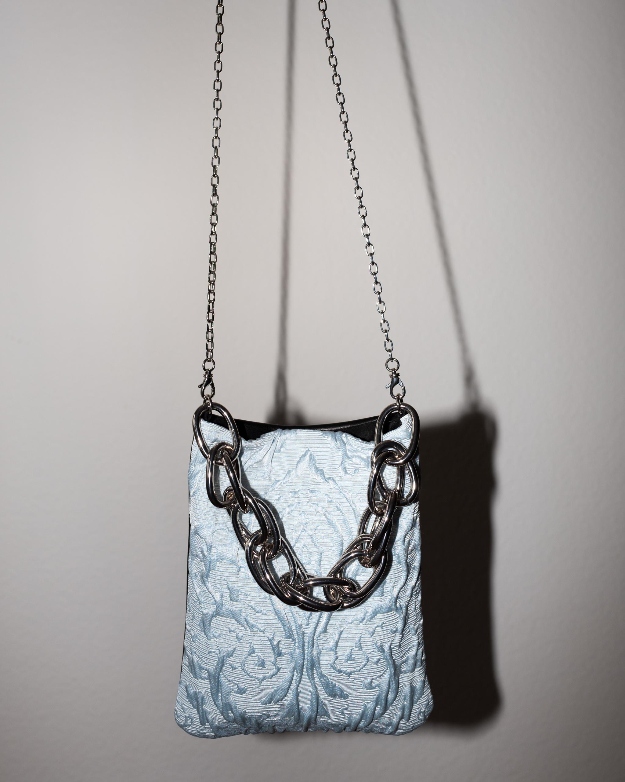Light Blue Floral Vintage Brocade Black Leather Evening Shoulder Bag Chain For Sale 1