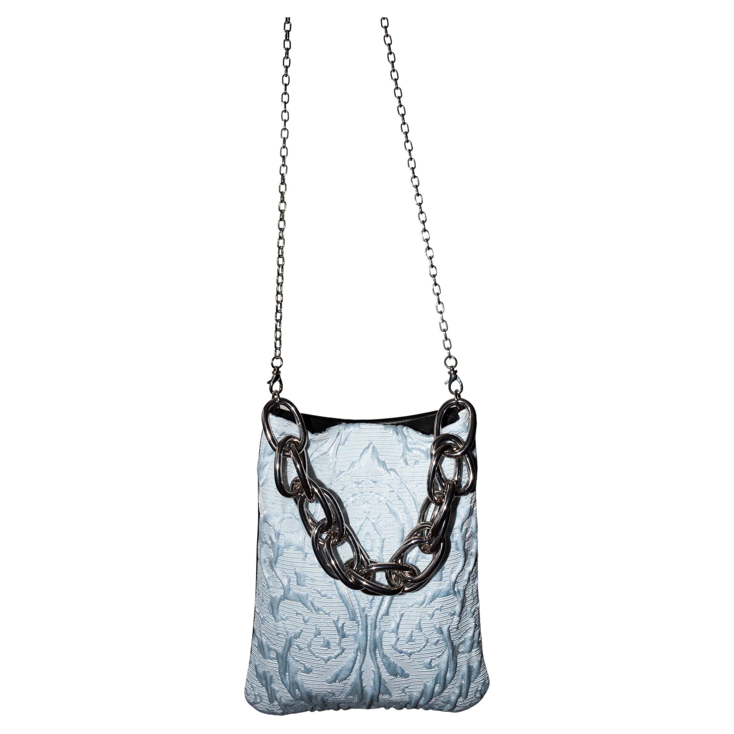 Light Blue Floral Vintage Brocade Black Leather Evening Shoulder Bag Chain