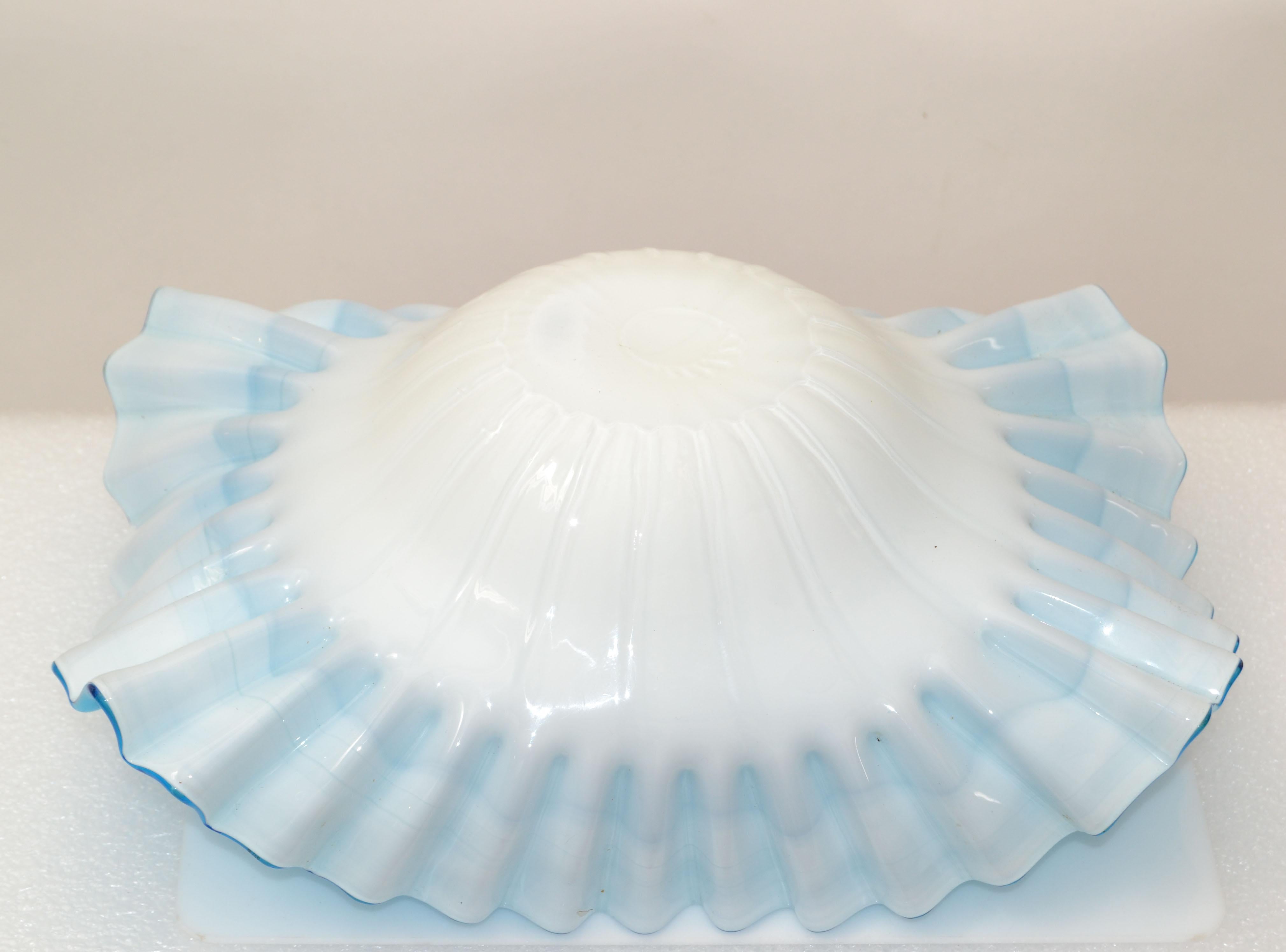 Light Blue & White Cased Ruffled Murano Art Glass Bowl Italy Mid-Century Modern For Sale 3