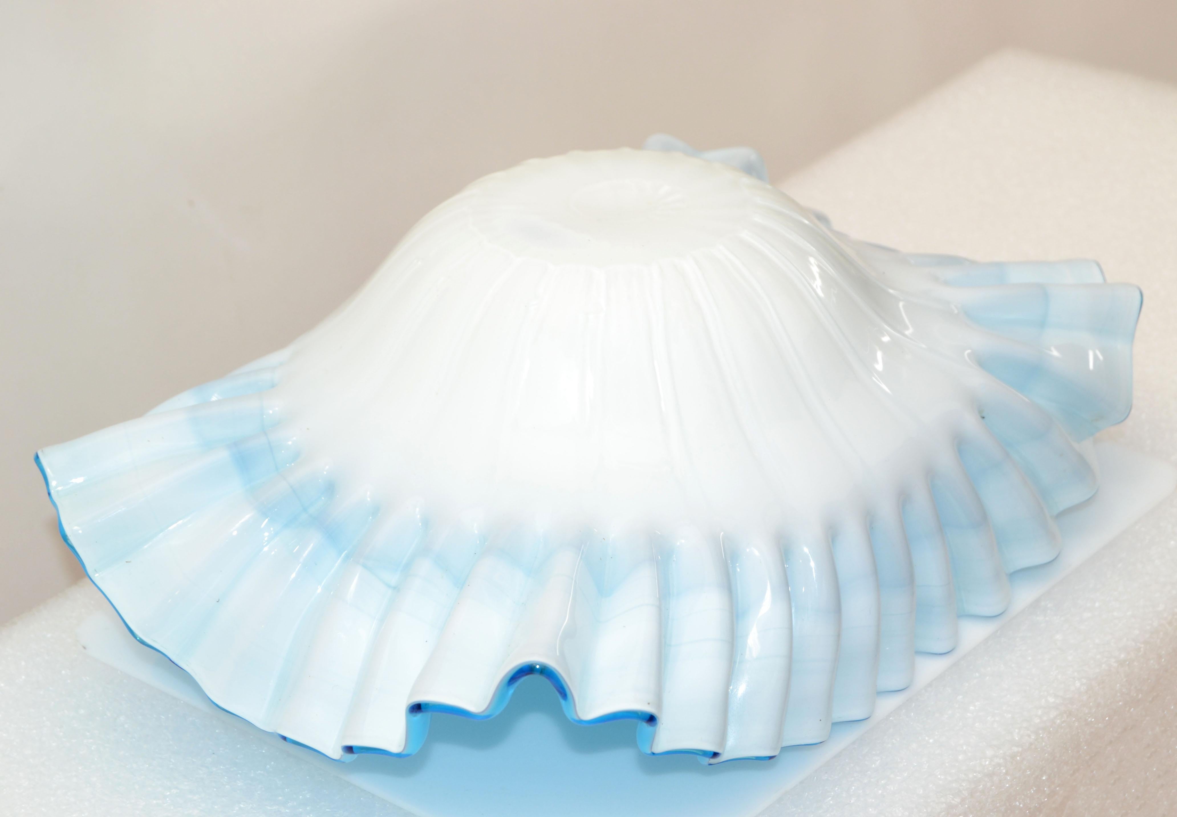 Light Blue & White Cased Ruffled Murano Art Glass Bowl Italy Mid-Century Modern For Sale 4