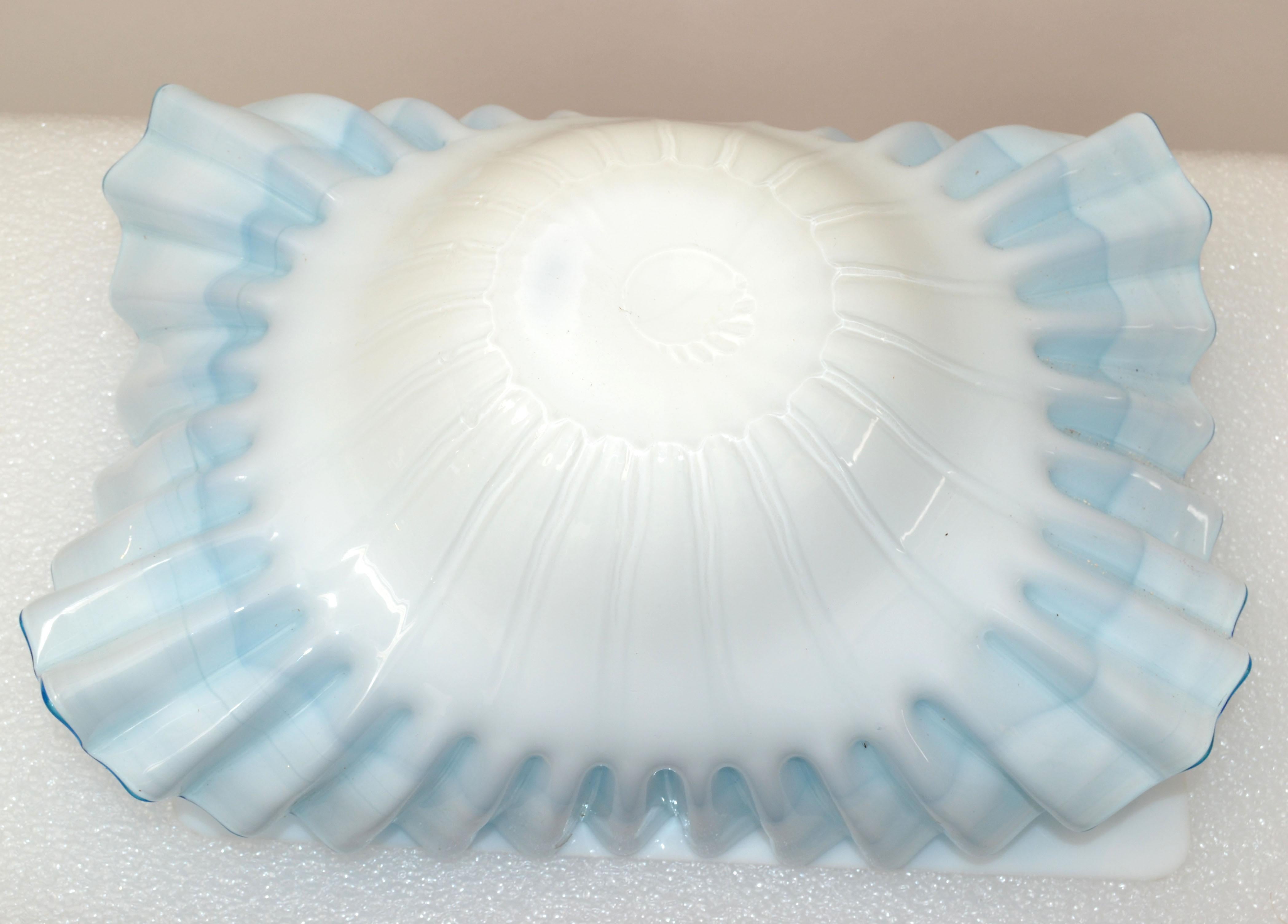 Light Blue & White Cased Ruffled Murano Art Glass Bowl Italy Mid-Century Modern For Sale 5