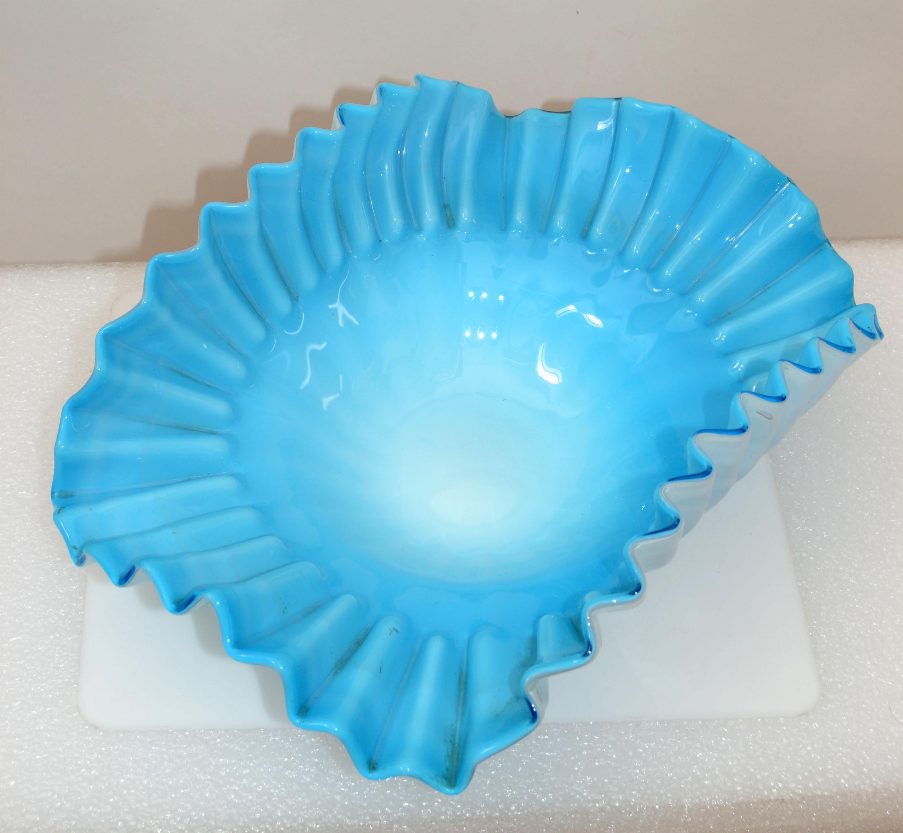 Light Blue & White Cased Ruffled Murano Art Glass Bowl Italy Mid-Century Modern For Sale 8