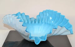 Light Blue & White Cased Ruffled Murano Art Glass Bowl Italy Mid-Century Modern