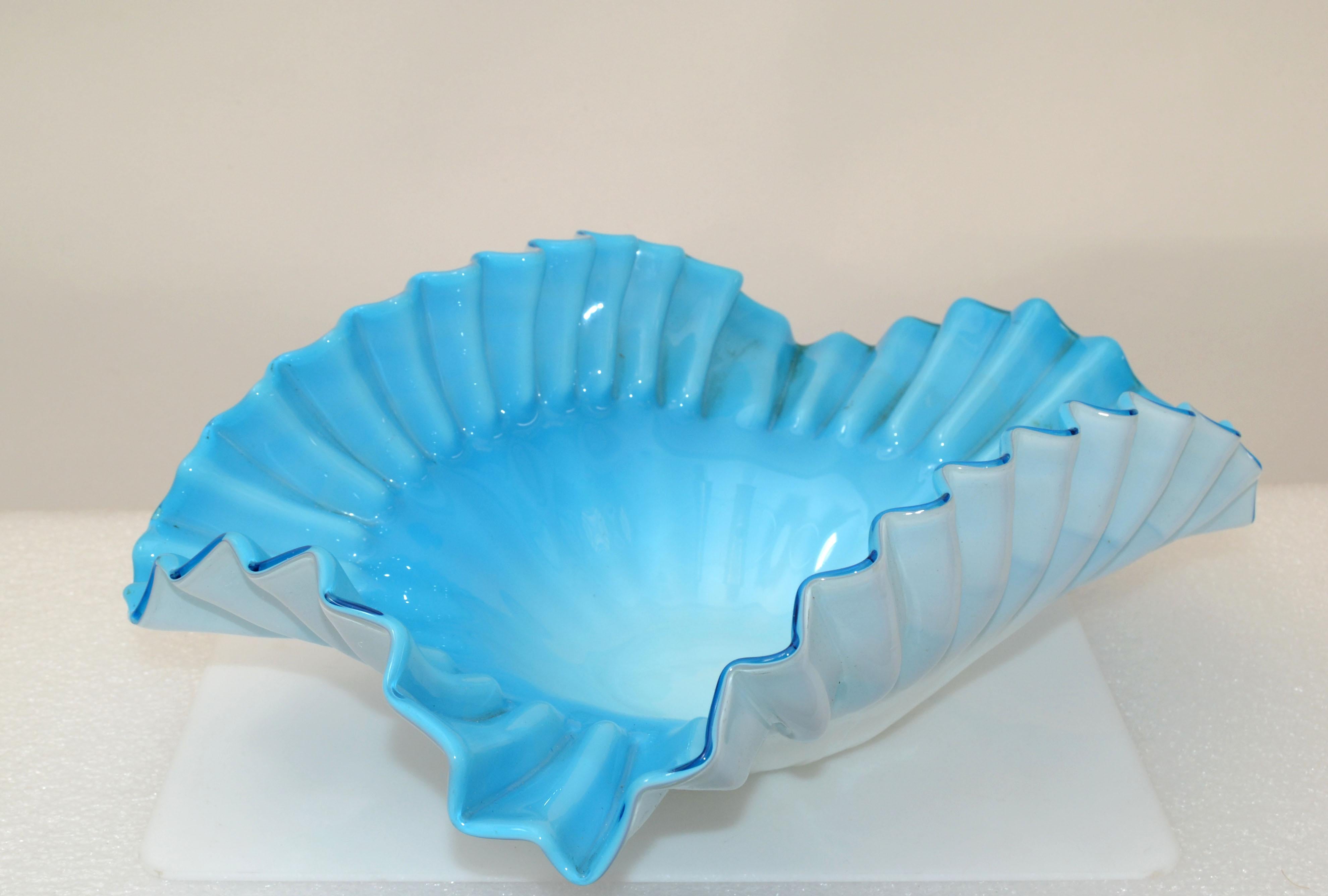 Italian Light Blue & White Cased Ruffled Murano Art Glass Bowl Italy Mid-Century Modern For Sale