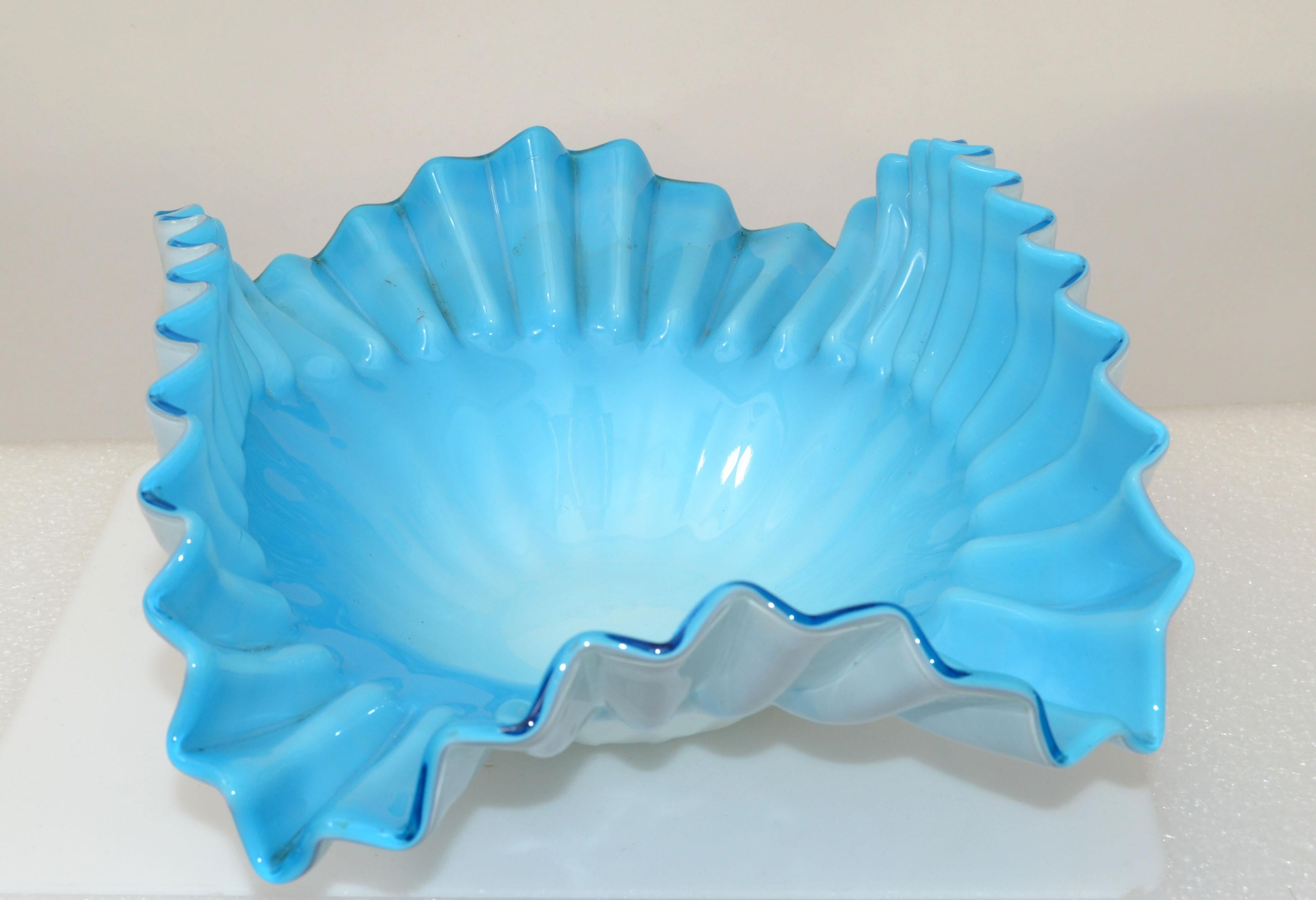 Blown Glass Light Blue & White Cased Ruffled Murano Art Glass Bowl Italy Mid-Century Modern For Sale