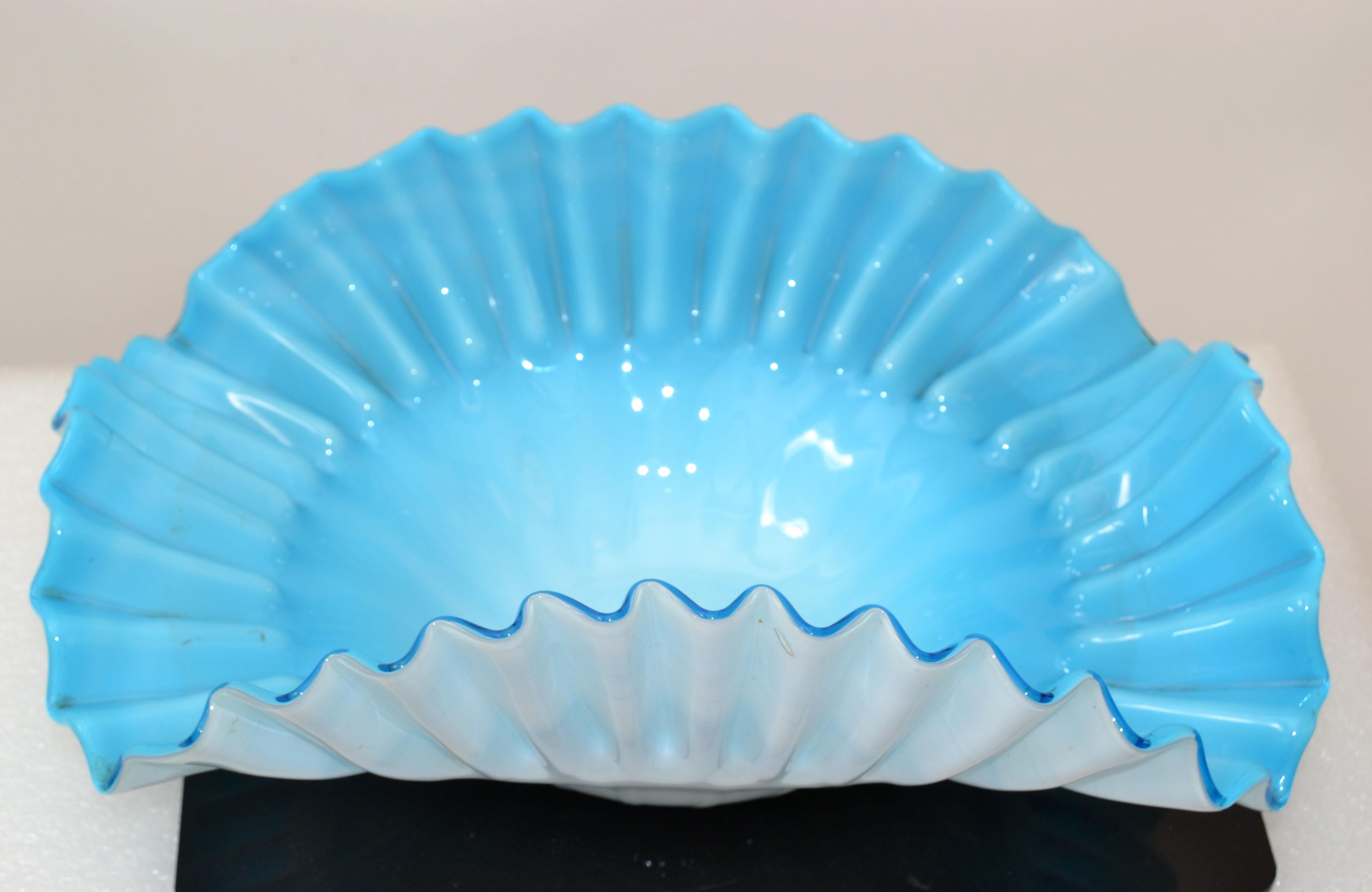 Light Blue & White Cased Ruffled Murano Art Glass Bowl Italy Mid-Century Modern For Sale 1