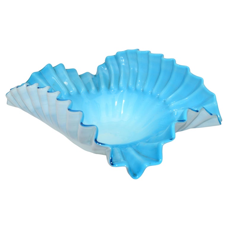 Light Blue and White Cased Ruffled Murano Art Glass Bowl Italy Mid ...