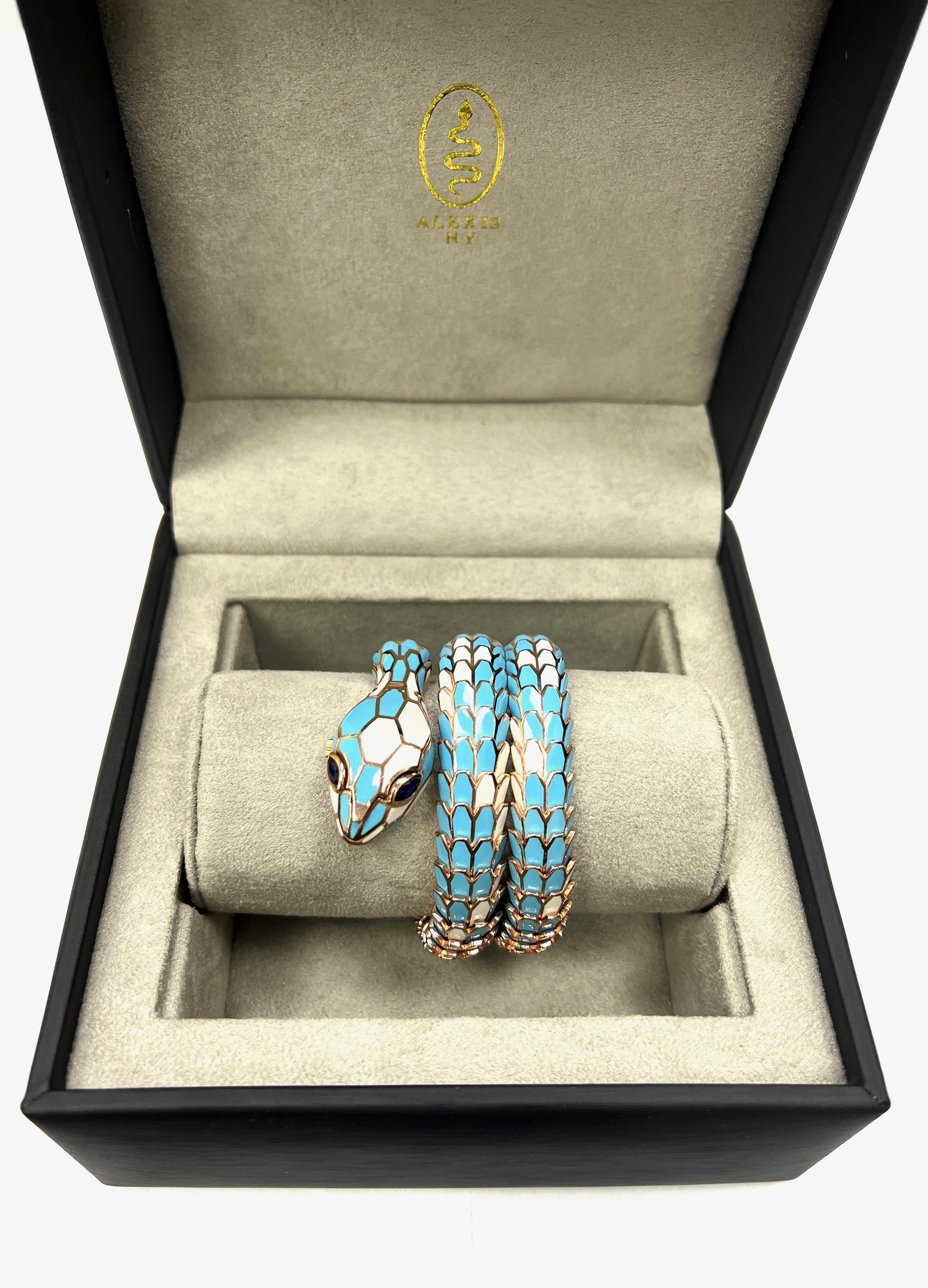 Marquise Cut Light Blue and White Enamel Sapphire Snake Wrap Watch Bracelet For Sale