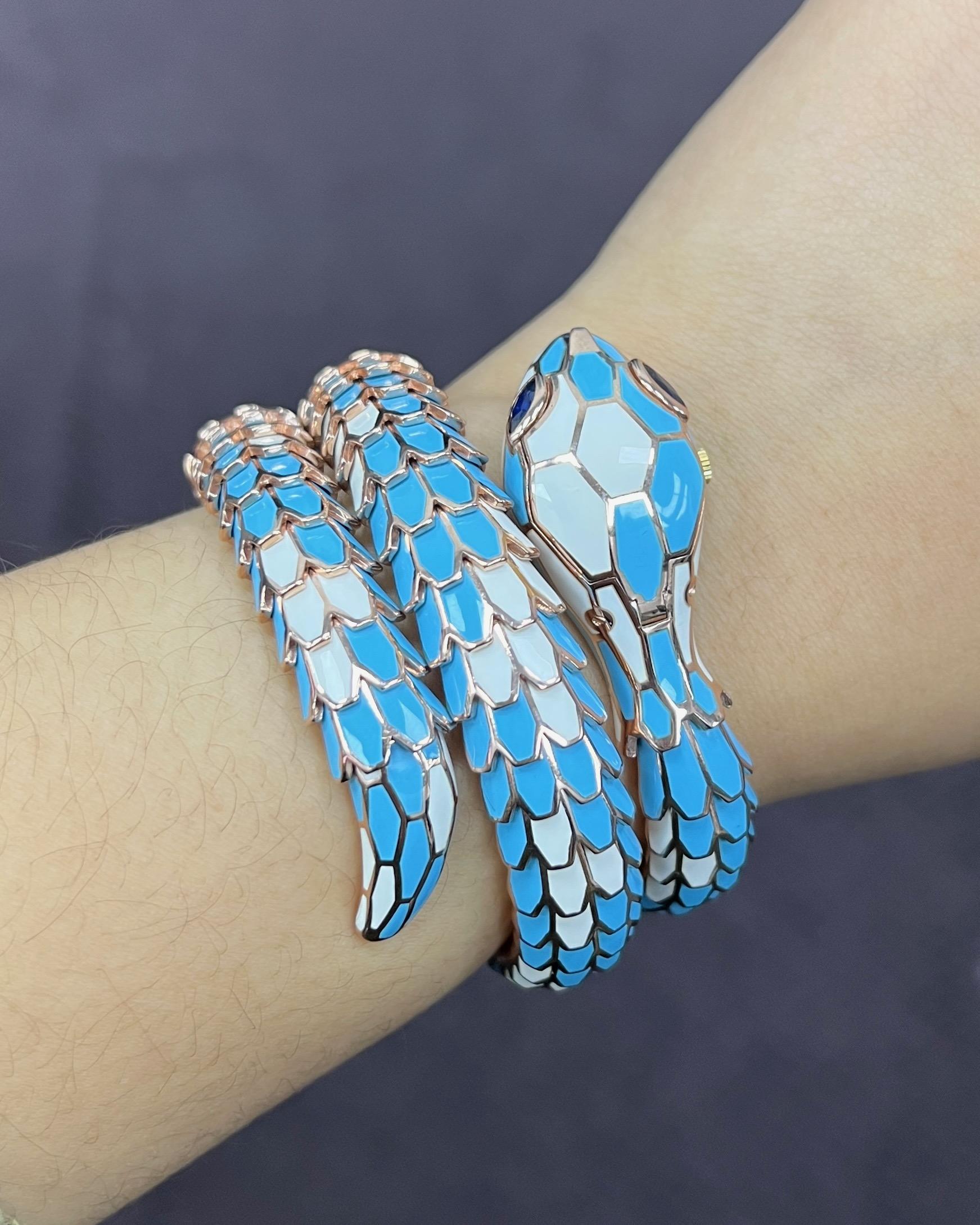 Light Blue and White Enamel Sapphire Snake Wrap Watch Bracelet In New Condition For Sale In New York, NY