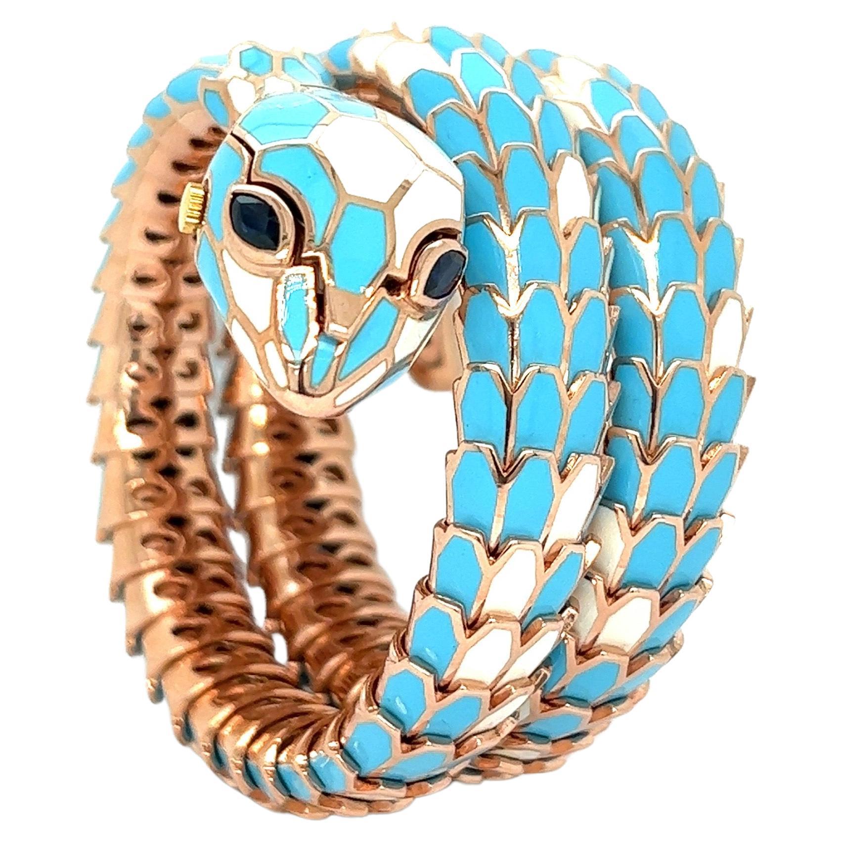 Bracelet montre serpent bleu clair et émail blanc saphir