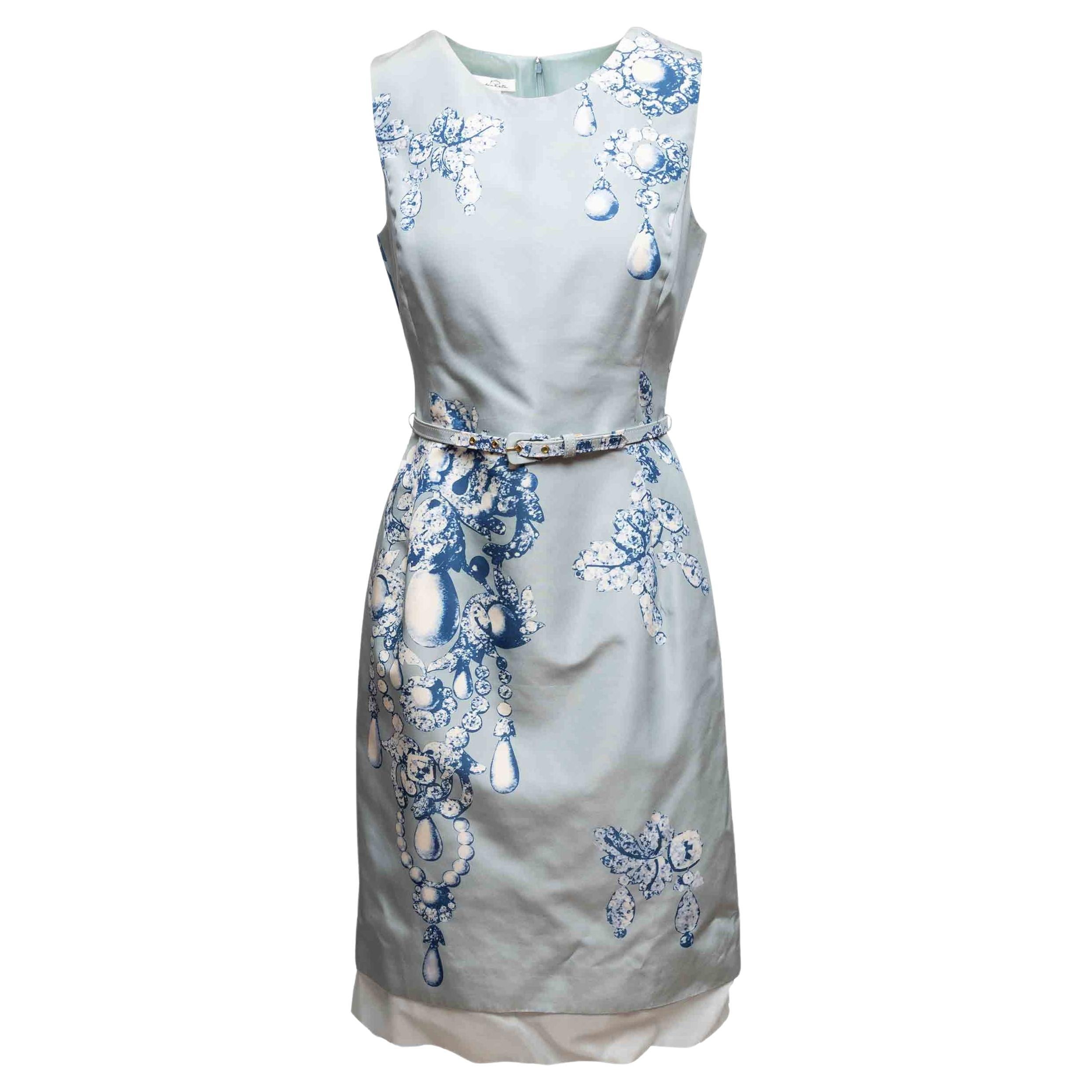 Robe sans manches à imprimé bijoux bleu ciel et blanc Oscar de la Renta Taille 6 US