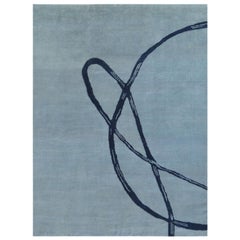 Light Blue with Navy Post Modern Hand Knotted Wool Rug in Japanese Design