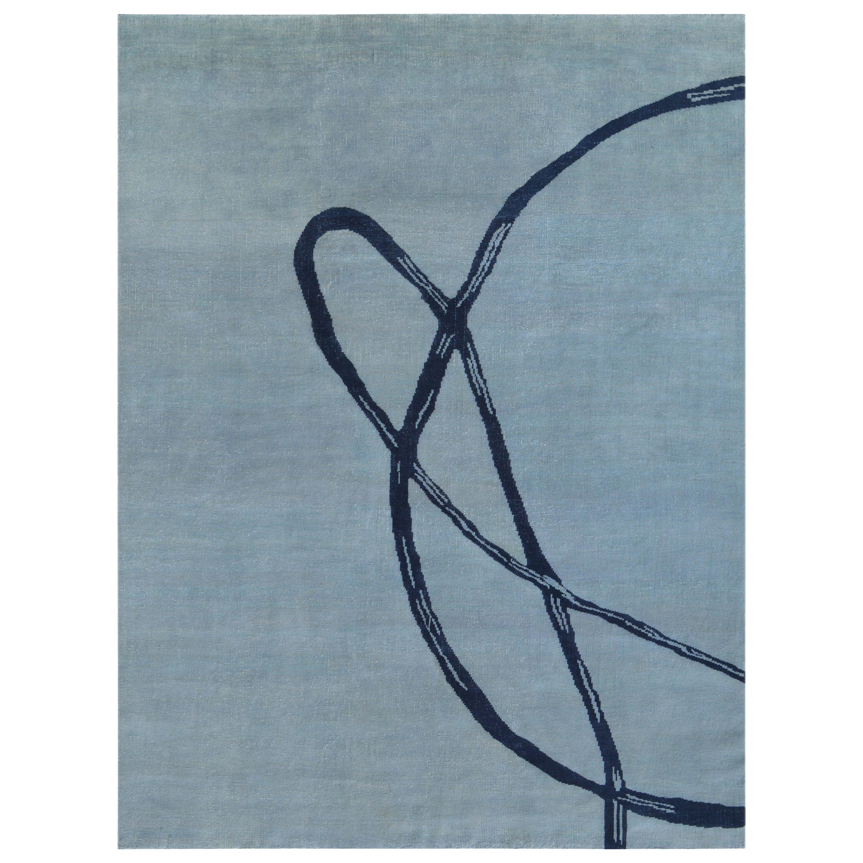 Light Blue with Navy Postmodern Hand Knotted Wool Rug in Japanese Design For Sale