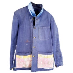 Light Blue Work Wear Jacket Pink White Gold Tweed Pockets Light Blue Silk Collar