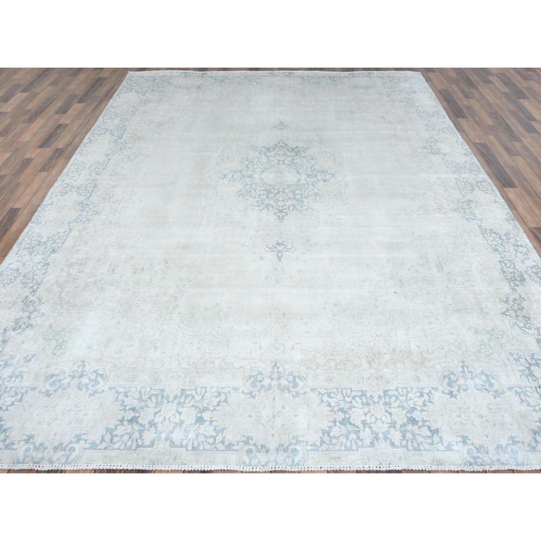 Medieval Light Blue Worn Wool Cropped Thin Hand Knotted Distressed Old Persian Kerman Rug For Sale