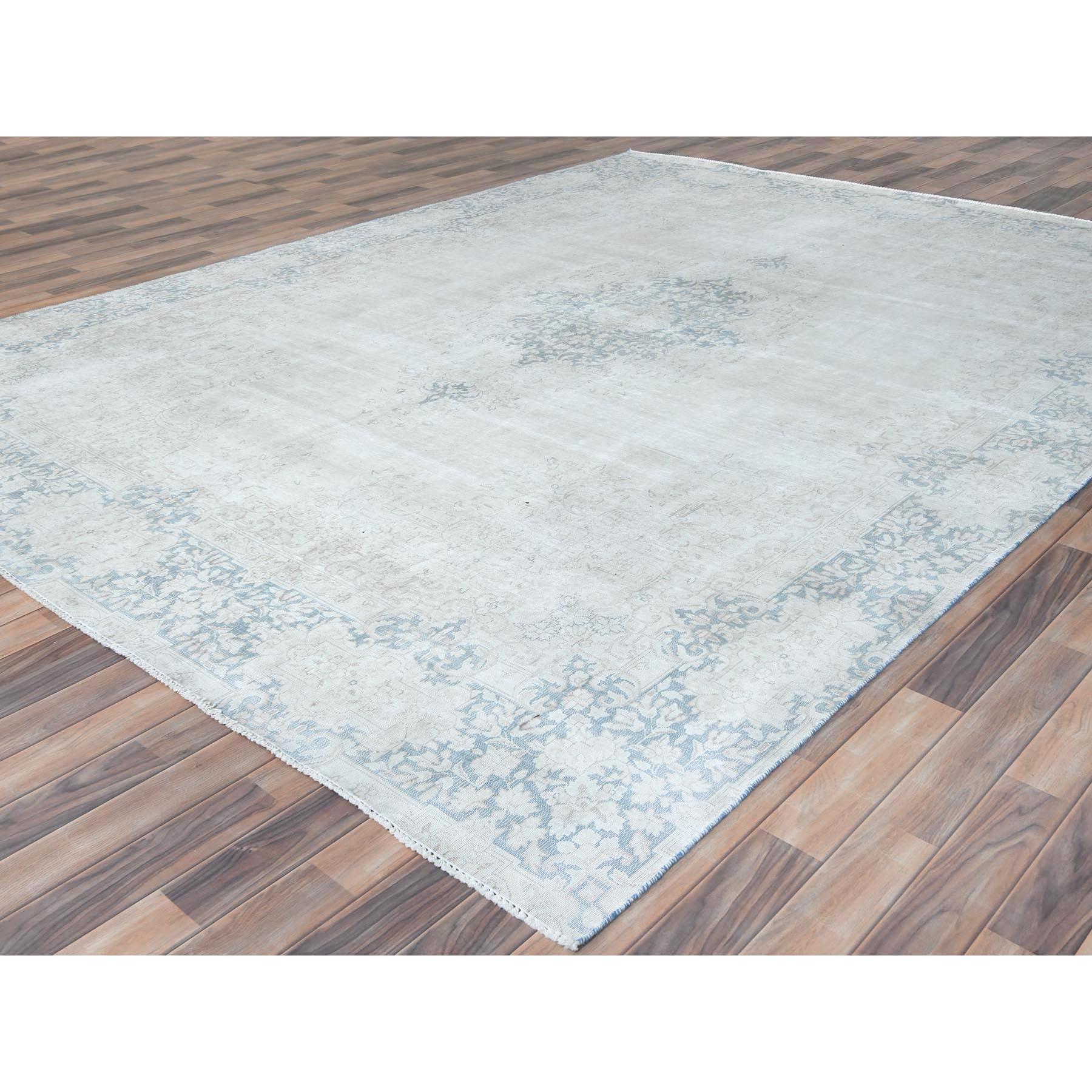Hand-Knotted Light Blue Worn Wool Cropped Thin Hand Knotted Distressed Old Persian Kerman Rug For Sale