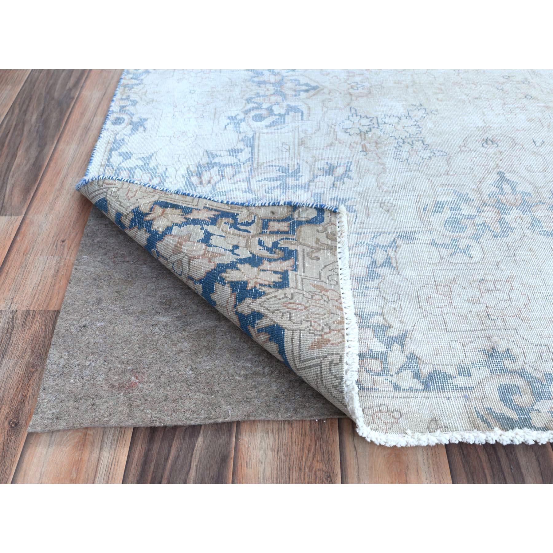 Light Blue Worn Wool Cropped Thin Hand Knotted Distressed Old Persian Kerman Rug In Good Condition For Sale In Carlstadt, NJ