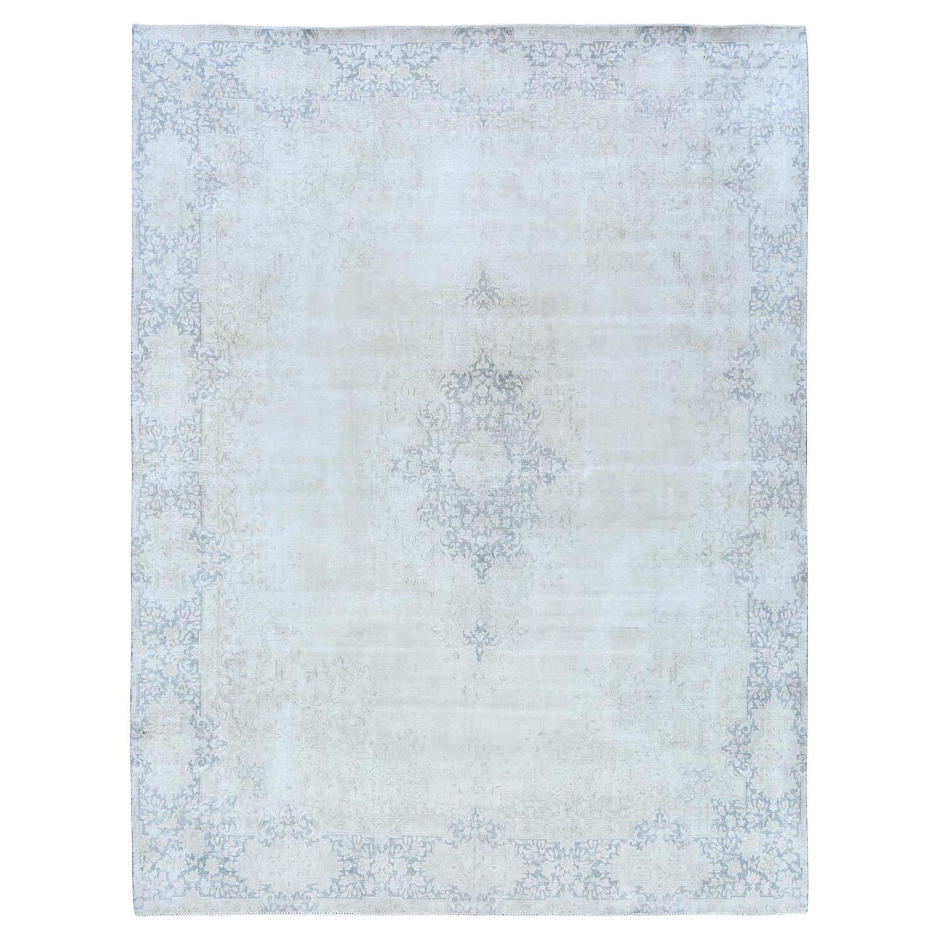 Light Blue Worn Wool Cropped Thin Hand Knotted Distressed Old Persian Kerman Rug For Sale