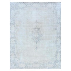 Light Blue Worn Wool Cropped Thin Hand Knotted Distressed Old Persian Kerman Rug