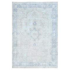 Light Blue Worn Wool Hand Knotted Distressed Look Old Persian Kerman Rug