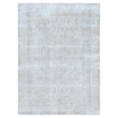 Light Blue Worn Wool Hand Knotted Distressed Look Retro Persian Tabriz Rug