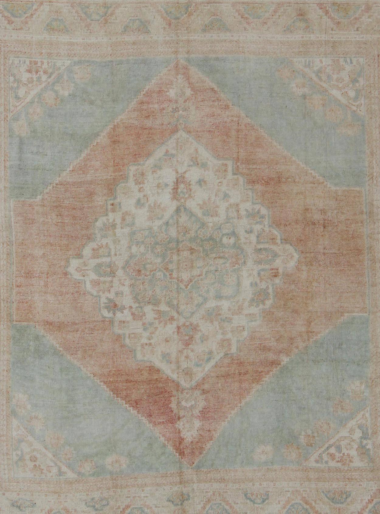 Hand-Knotted Light Blue, Topaz and Rust Vintage Turkish Oushak Rug with Layered Medallion For Sale