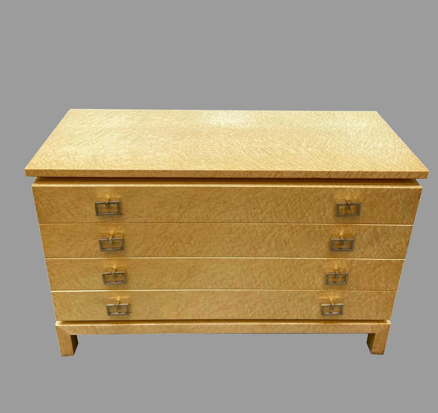 Late 20th Century Light Briar WoodChest of Drawers with Brass Handles and Profiles, Italy 1970