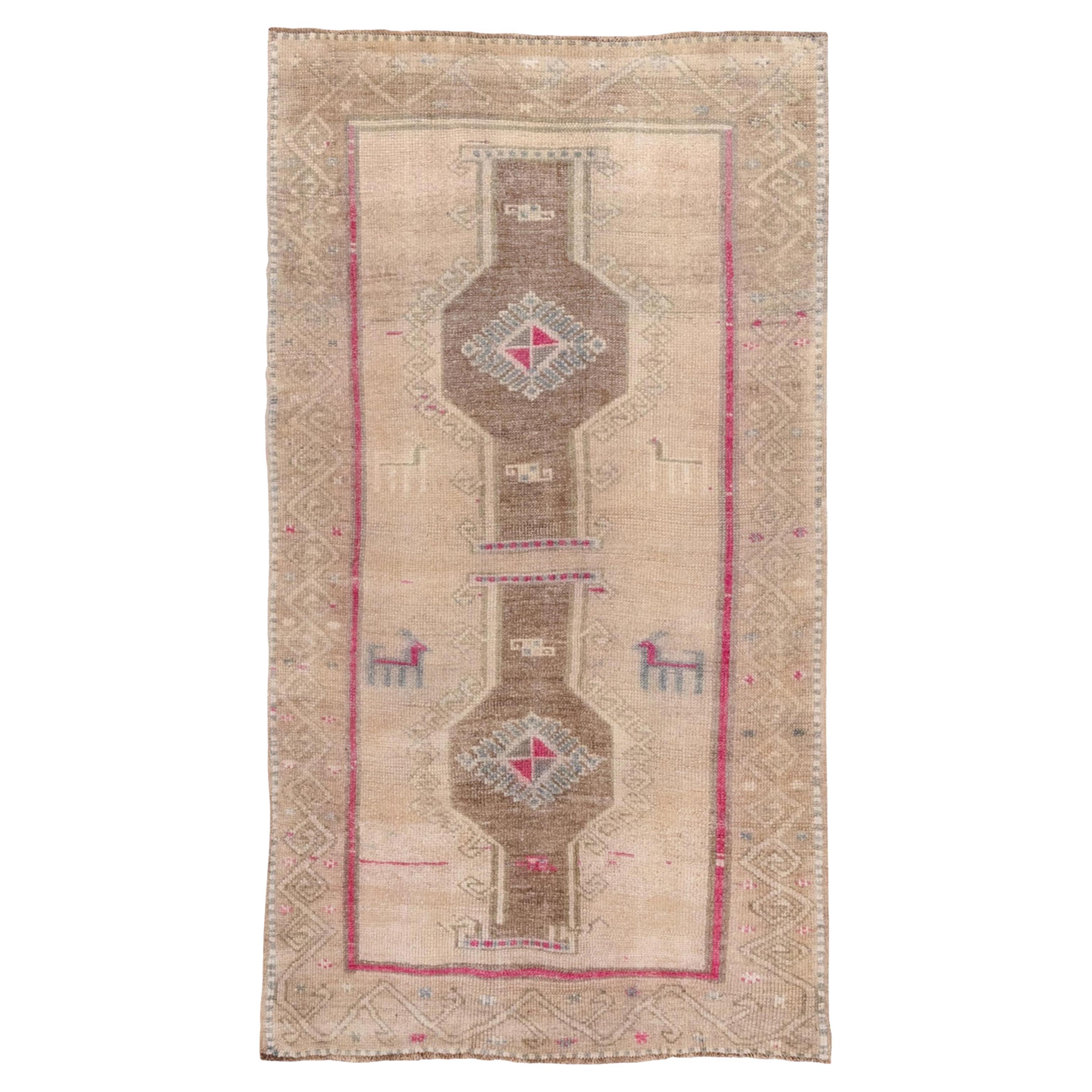 Light Brown and Beige Turkish Oushak Rug with Hot Pink Accents and