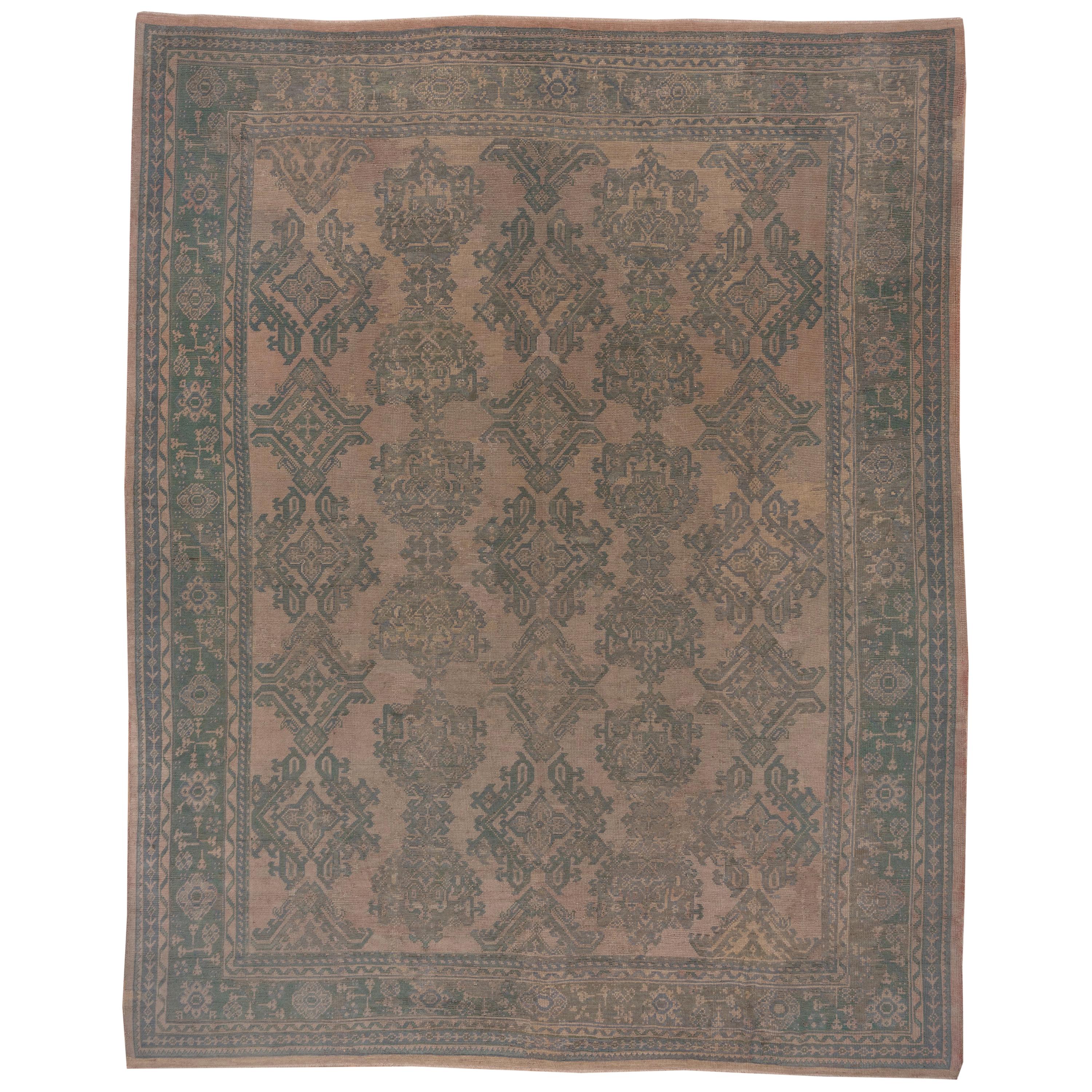Light Brown and Green Antique Oushak Carpet, circa 1920s For Sale