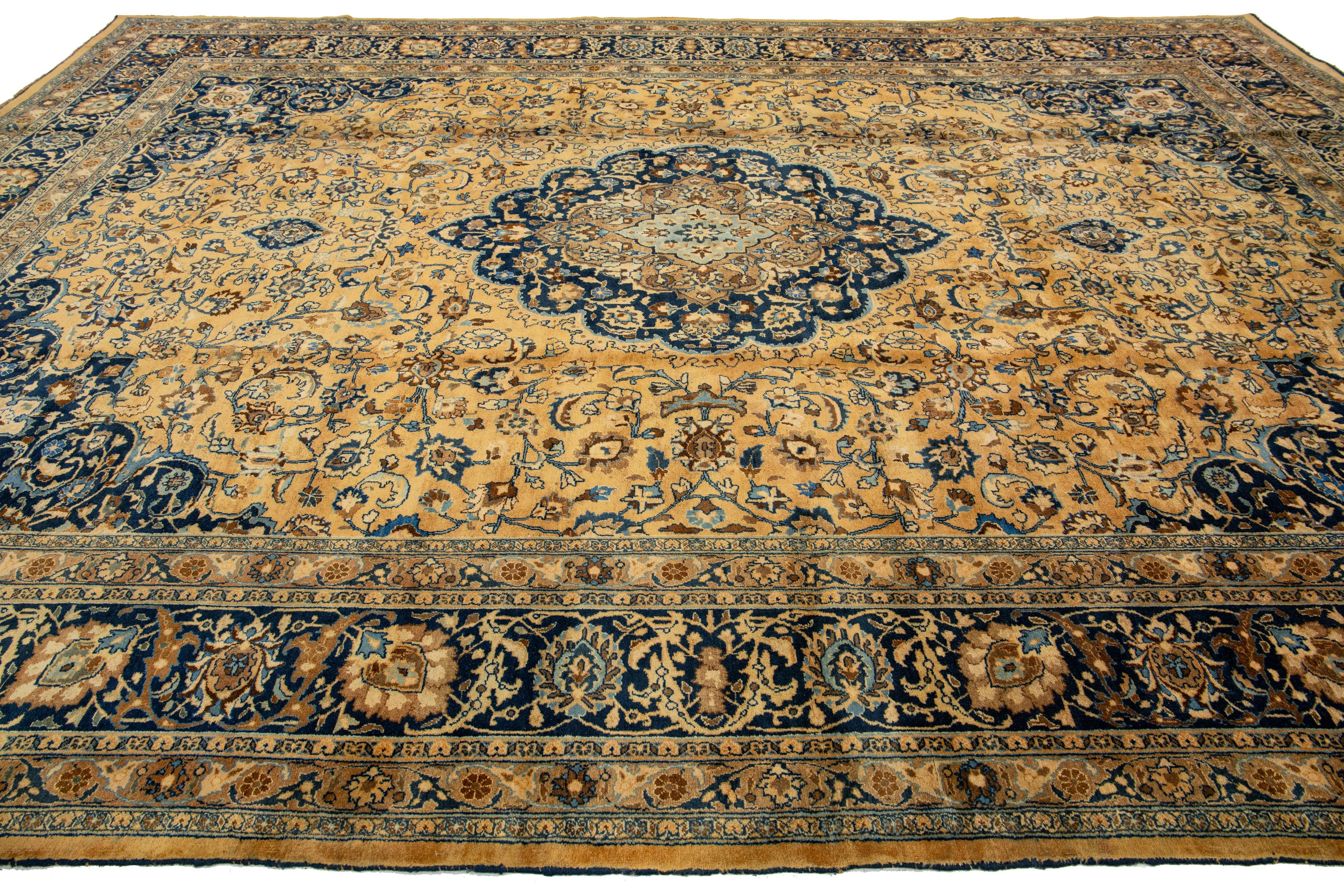 Light Brown Antique Persian Mashad Handmade Wool Rug With Rosette Motif In Good Condition For Sale In Norwalk, CT