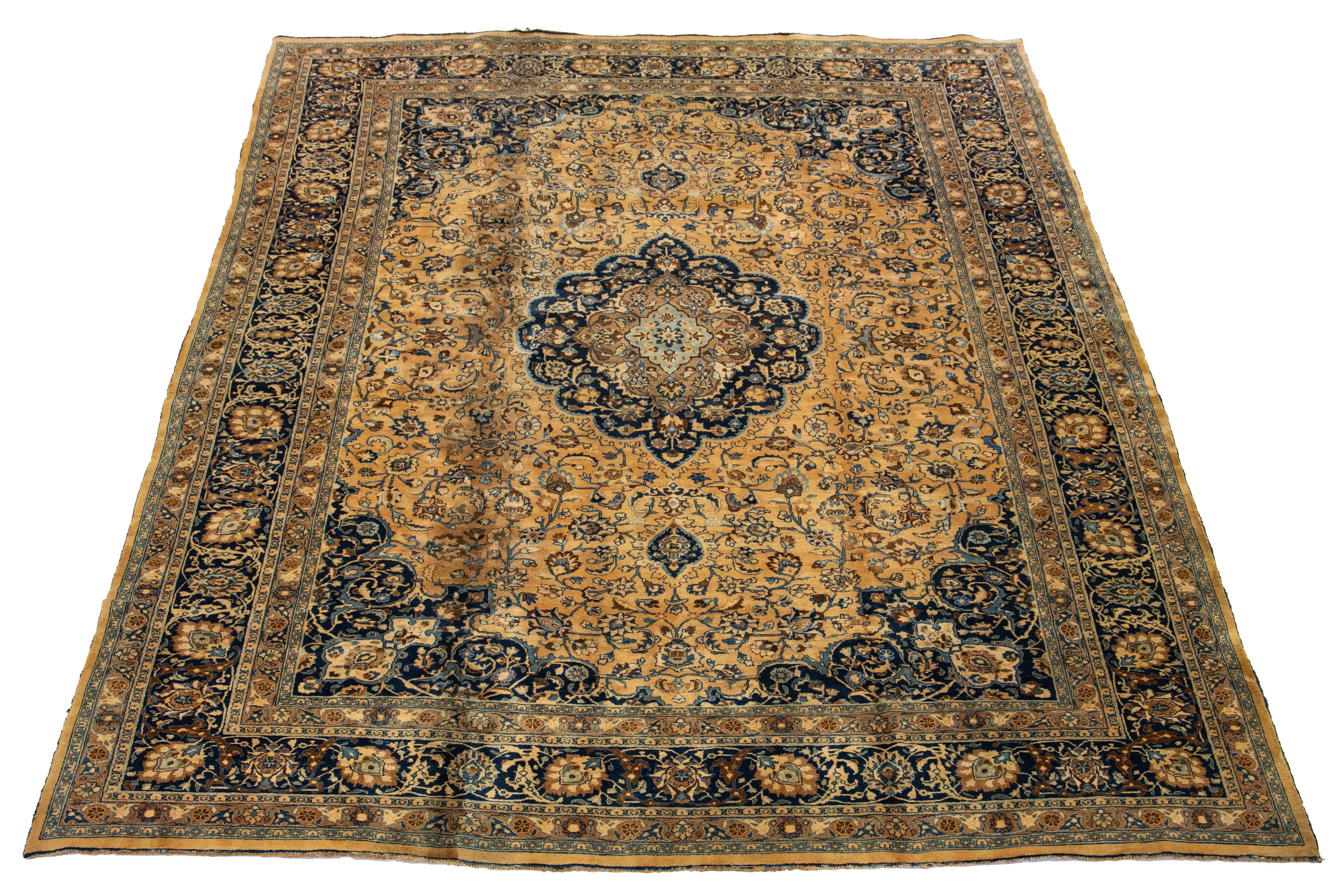 Light Brown Antique Persian Mashad Handmade Wool Rug With Rosette Motif For Sale 1