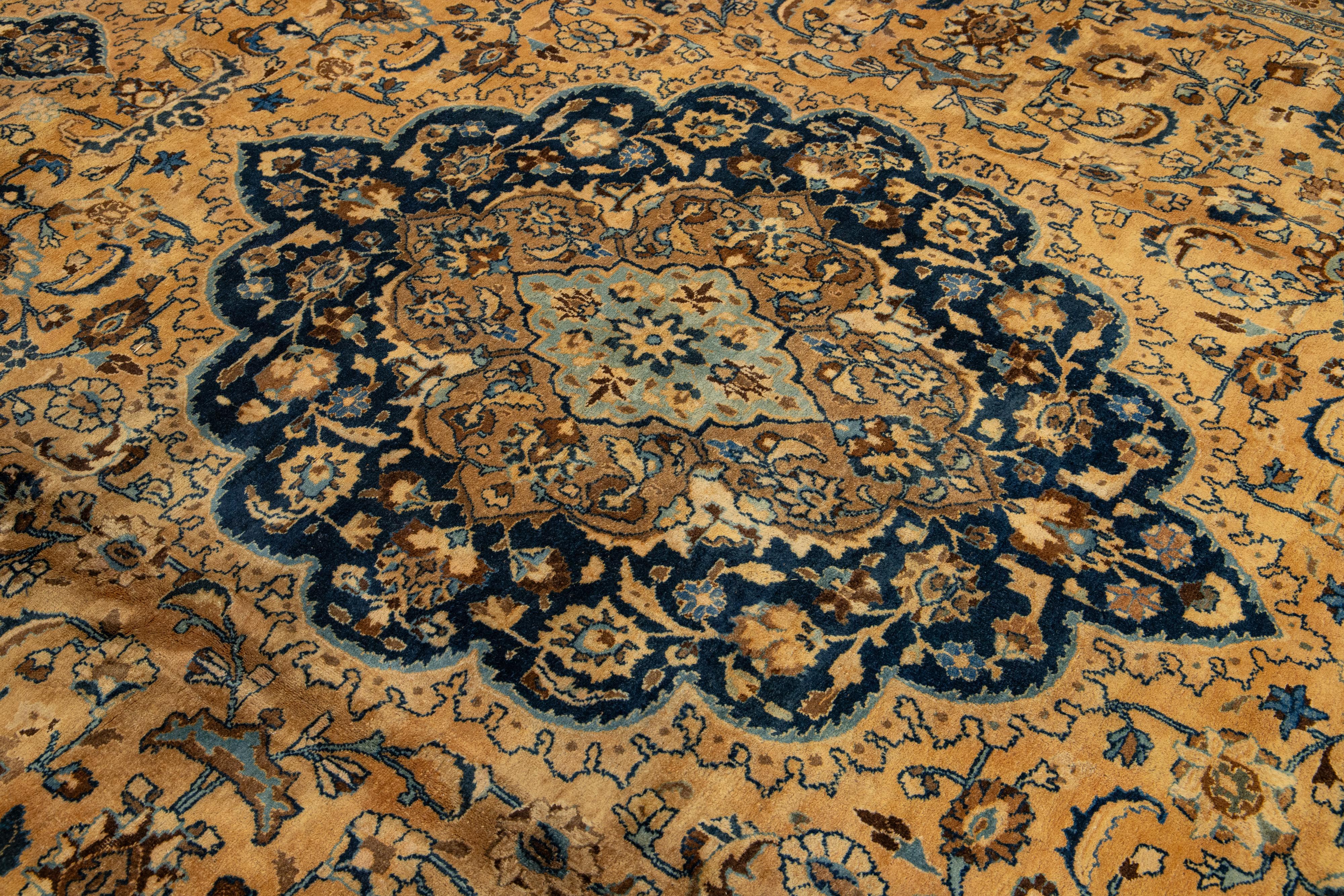 Light Brown Antique Persian Mashad Handmade Wool Rug With Rosette Motif For Sale 3