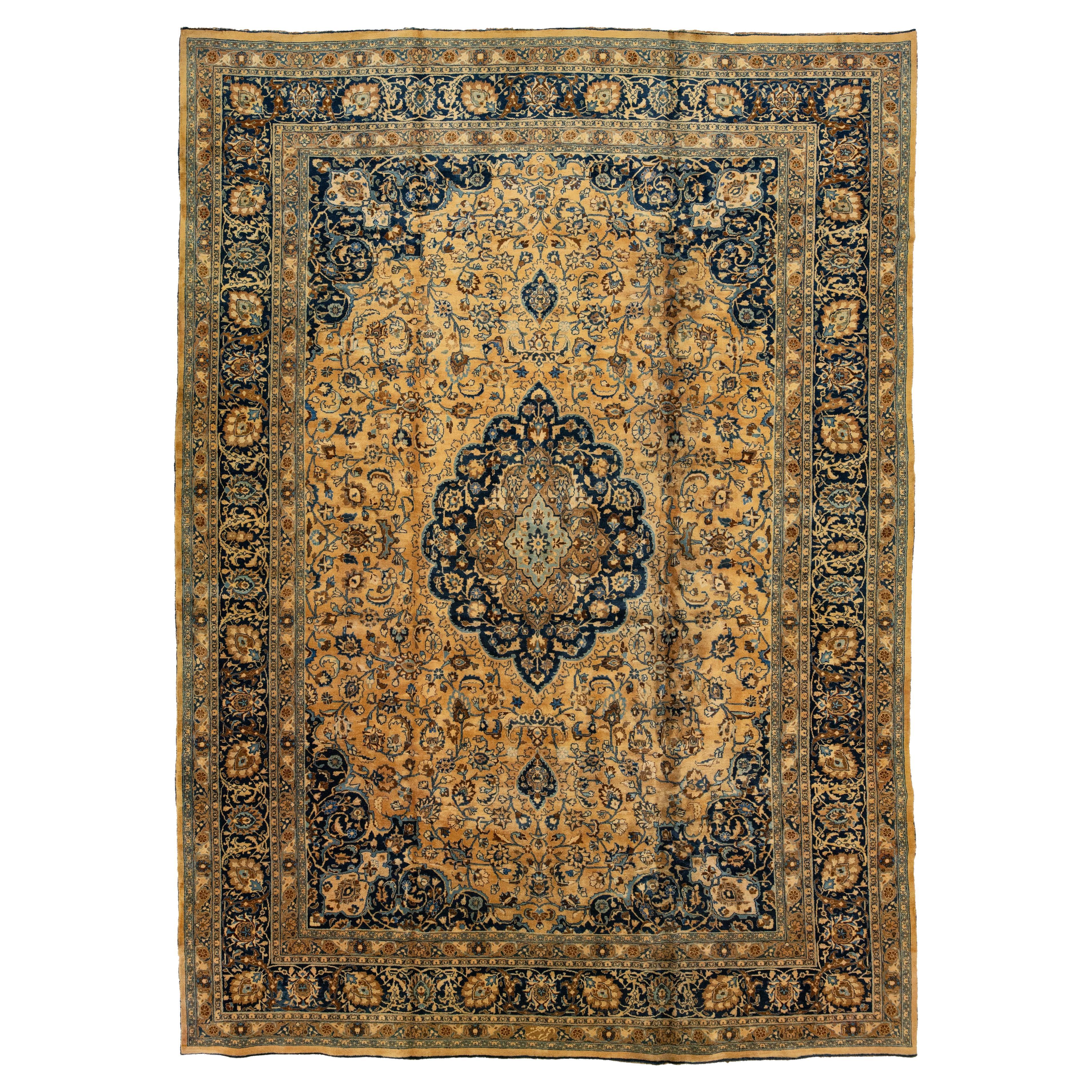 Light Brown Antique Persian Mashad Handmade Wool Rug With Rosette Motif For Sale