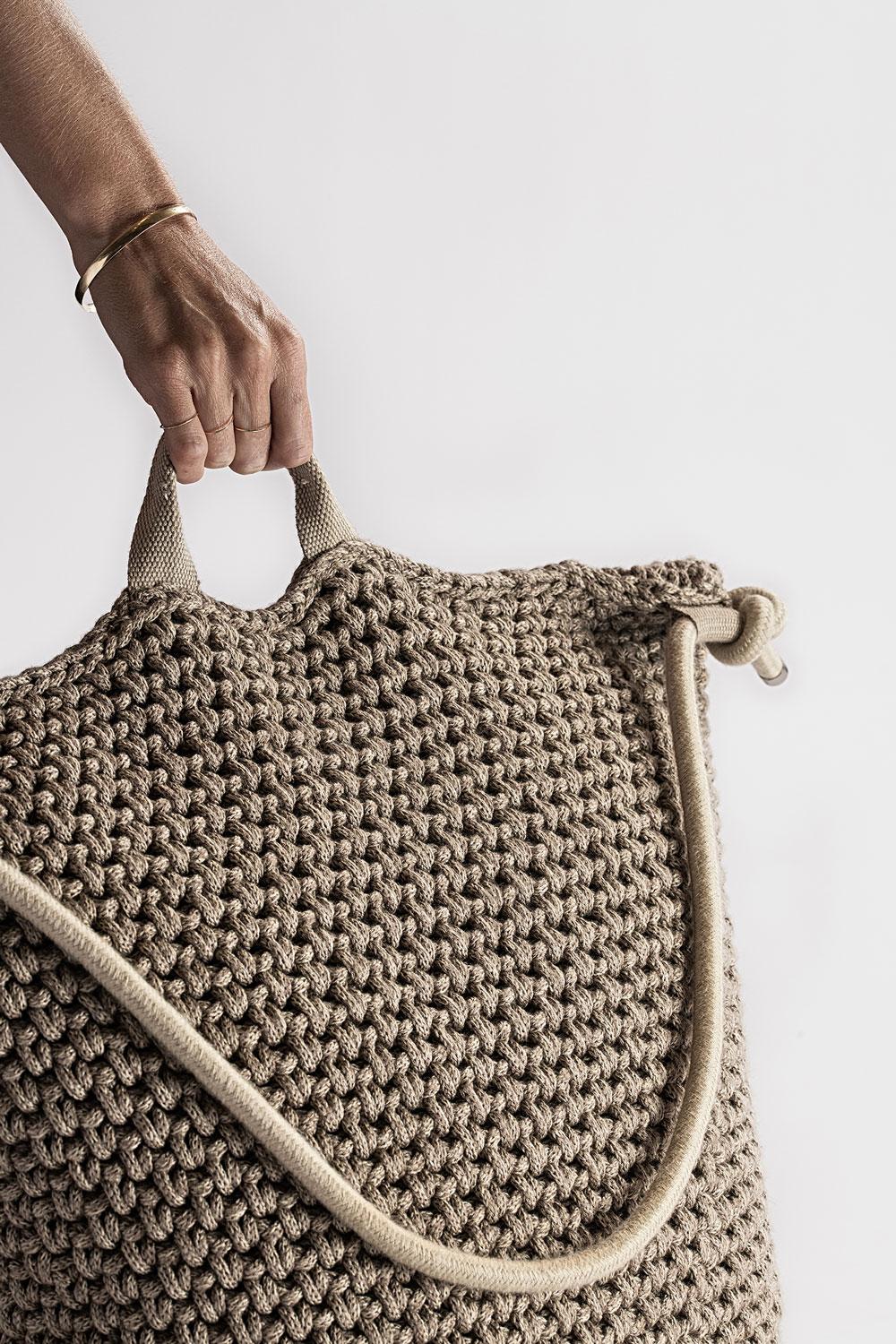 Israeli Brown Beige Outdoor Indoor Bag Cushion Handmade Crochet in UV Protected Yarn For Sale