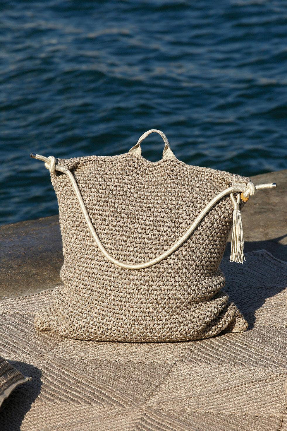 Hand-Crafted Brown Beige Outdoor Indoor Bag Cushion Handmade Crochet in UV Protected Yarn For Sale