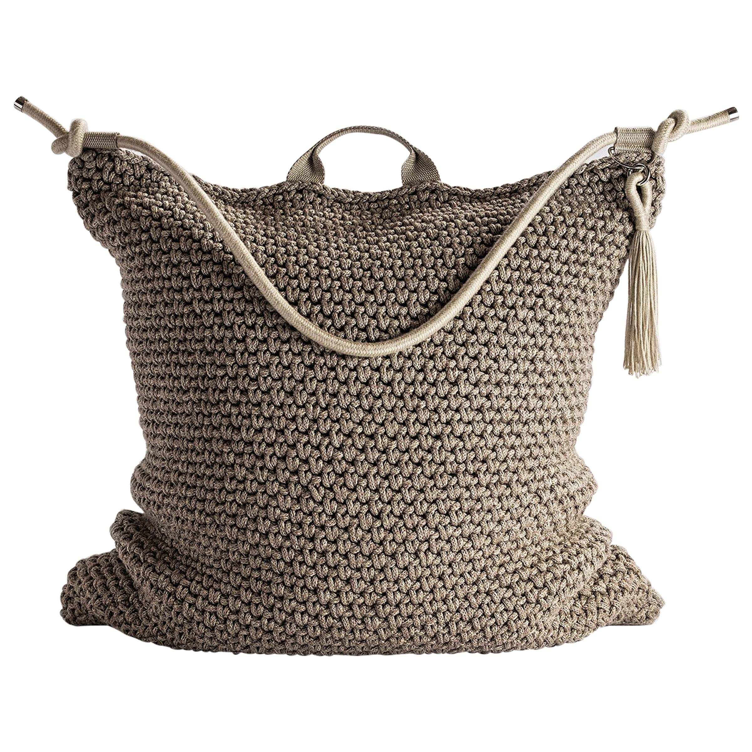 Brown Beige Outdoor Indoor Bag Cushion Handmade Crochet in UV Protected Yarn For Sale