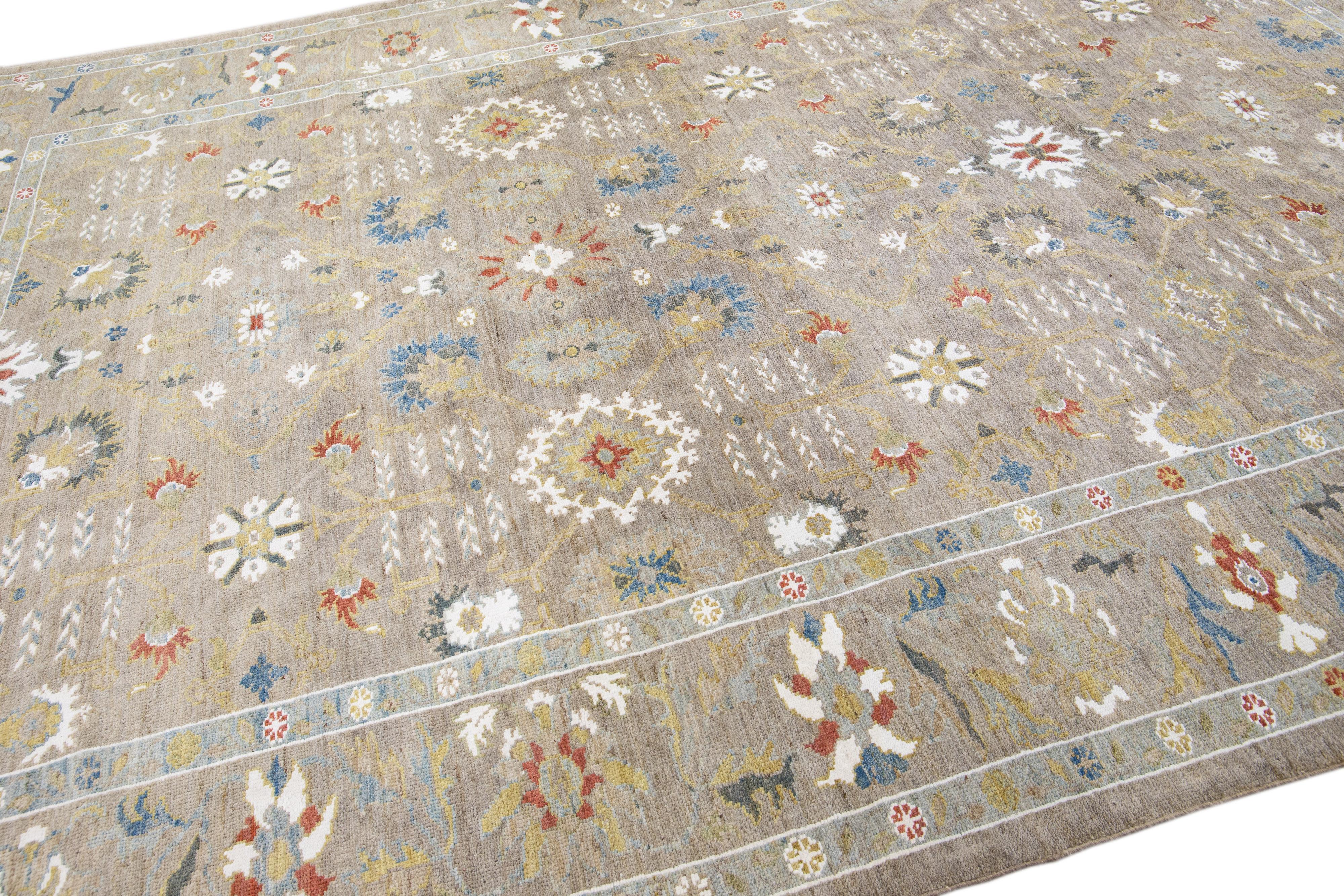 Light Brown Contemporary Sultanabad Handmade Floral Design Wool Rug For Sale 1