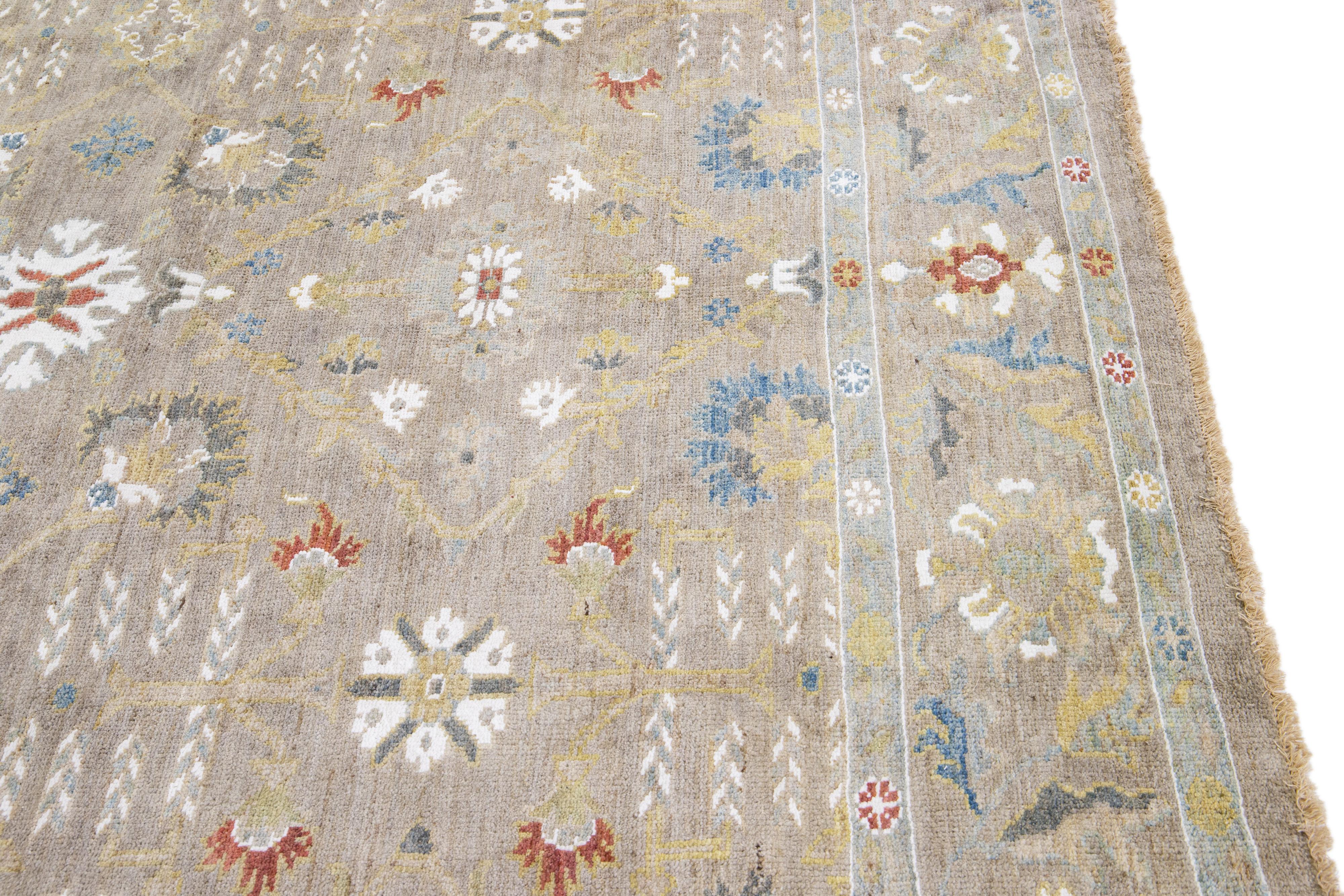 Light Brown Contemporary Sultanabad Handmade Floral Design Wool Rug For Sale 3