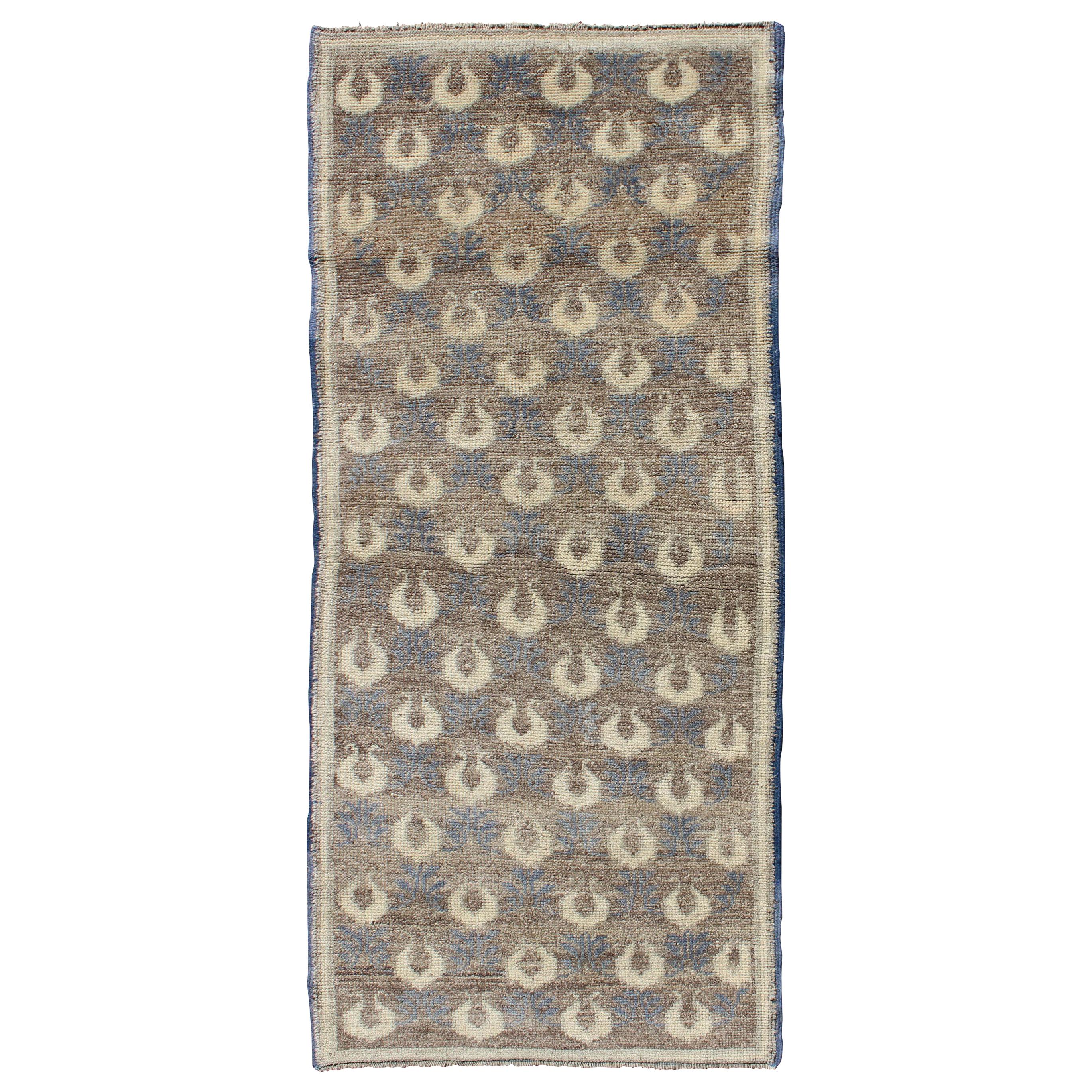 Light Brown, Gray-Blue, and Cream Turkish Tulu Vintage Rug with Latticework For Sale