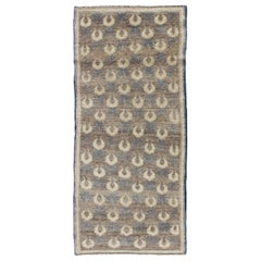 Light Brown, Gray-Blue, and Cream Turkish Tulu Vintage Rug with Latticework