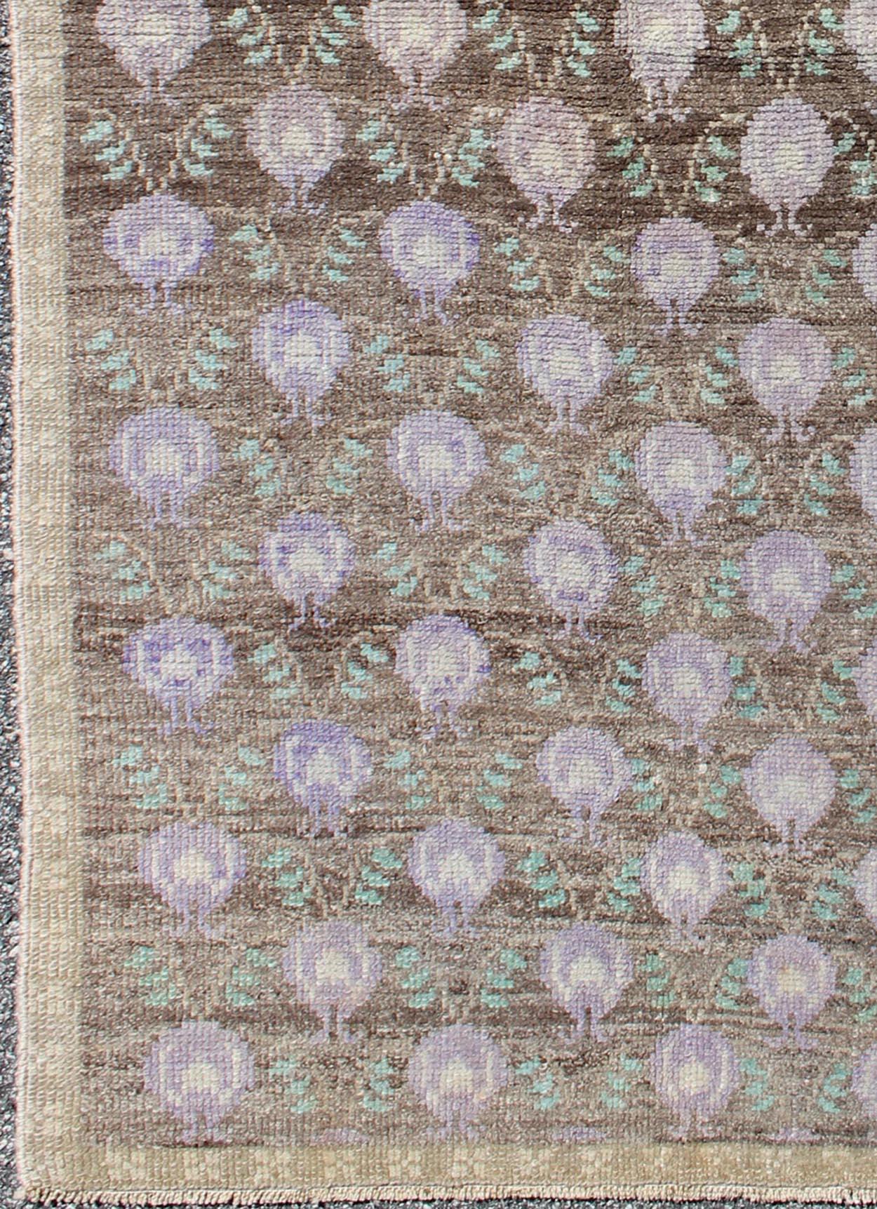 Oushak Light Brown, Green, and Lavender Turkish Tulu Vintage Rug with Latticework For Sale