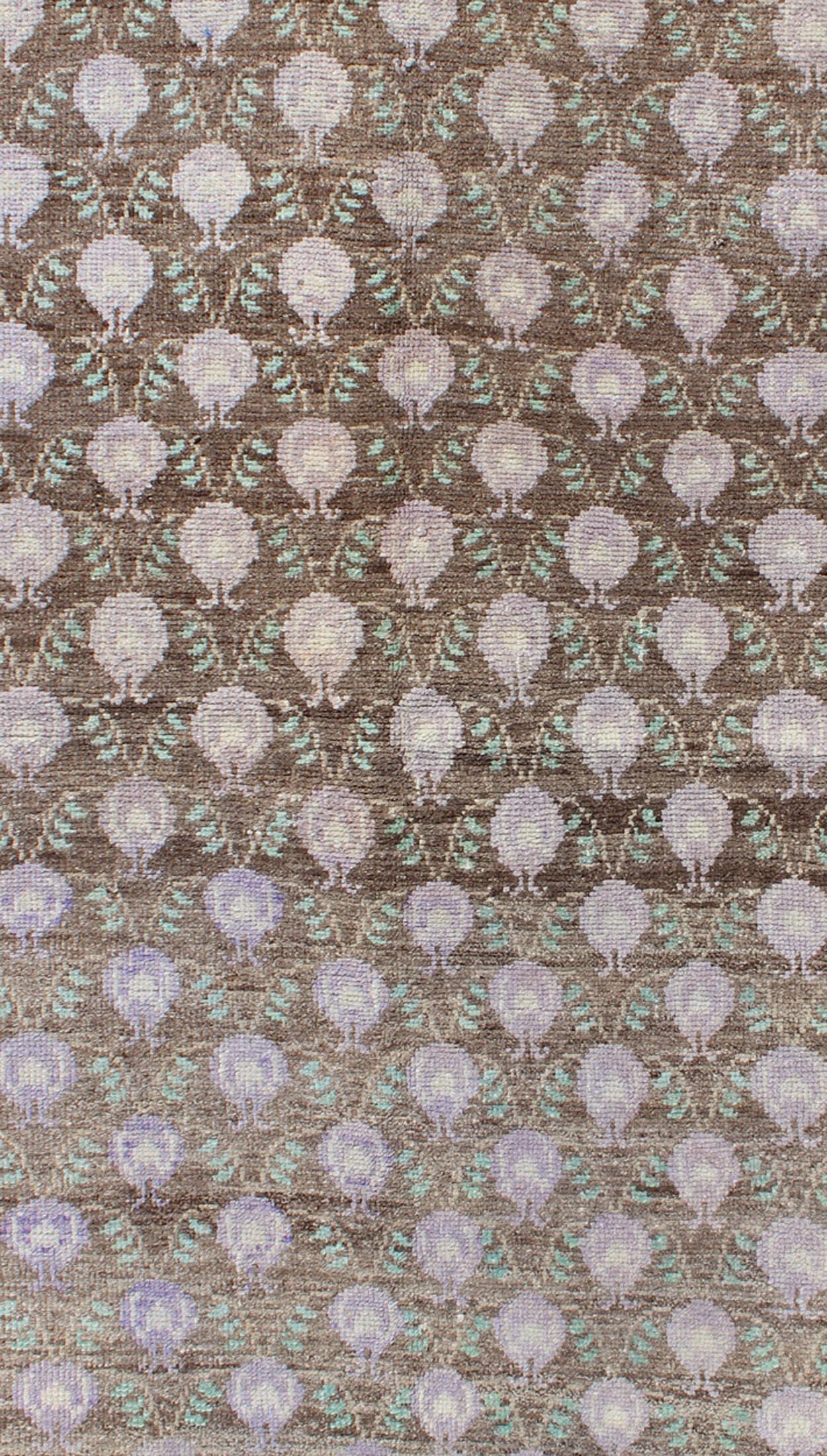 Hand-Knotted Light Brown, Green, and Lavender Turkish Tulu Vintage Rug with Latticework For Sale